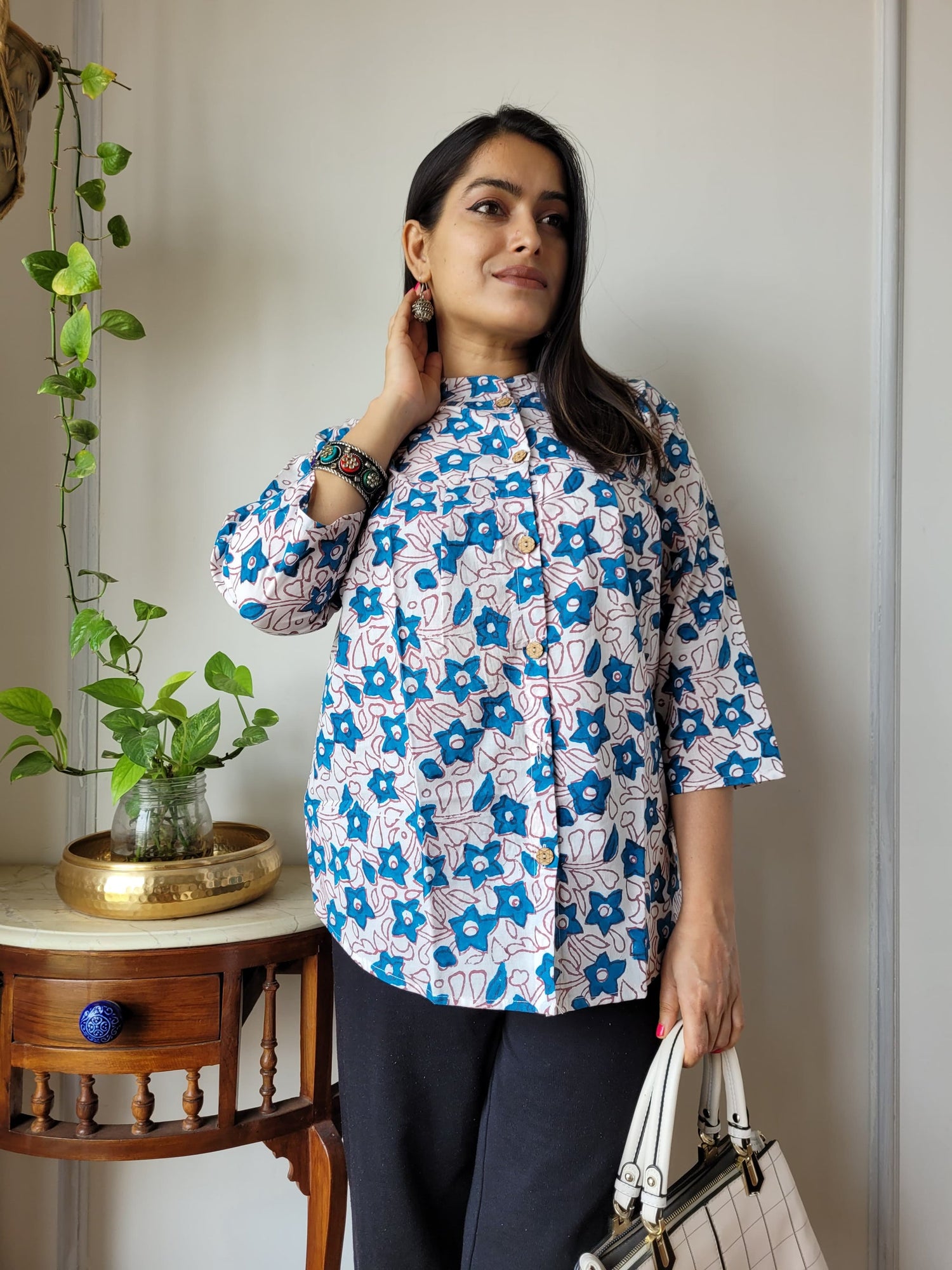 Women's Blue Ditsy Floral Print Cotton Top | Loose Fit 3/4 Sleeve Casual Shirt