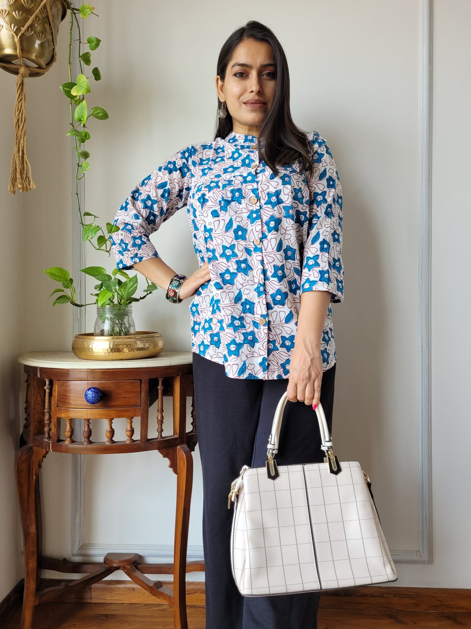 Women's Blue Ditsy Floral Print Cotton Top | Loose Fit 3/4 Sleeve Casual Shirt