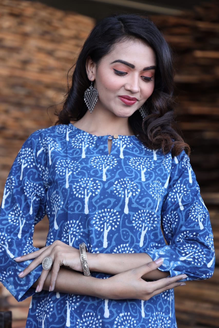 Women's Blue Ikat Print Mandarin Collar Top | Casual Ethnic Kurti Shirt