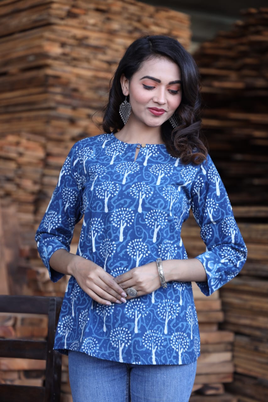 Women's Blue Ikat Print Mandarin Collar Top | Casual Ethnic Kurti Shirt