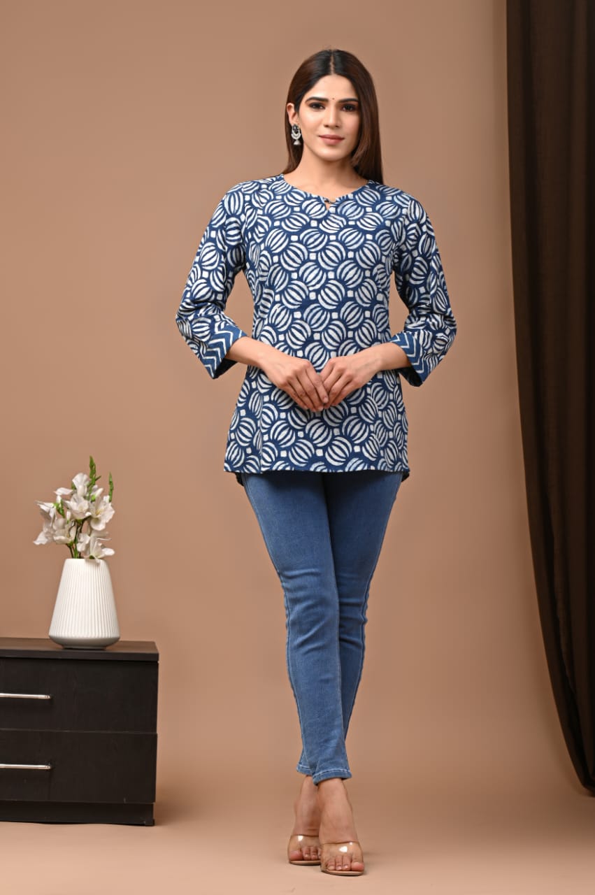 Women's Blue Indigo Floral Block Print Short Kurti Top | Round Neck Casual Relaxed Fit Ethnic Shirt