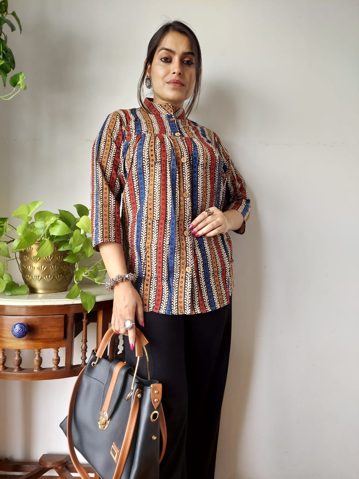 Women's Blue Multicolor Stripe Floral Print Top | Loose Fit Casual Ethnic Mandarin Collar Shirt