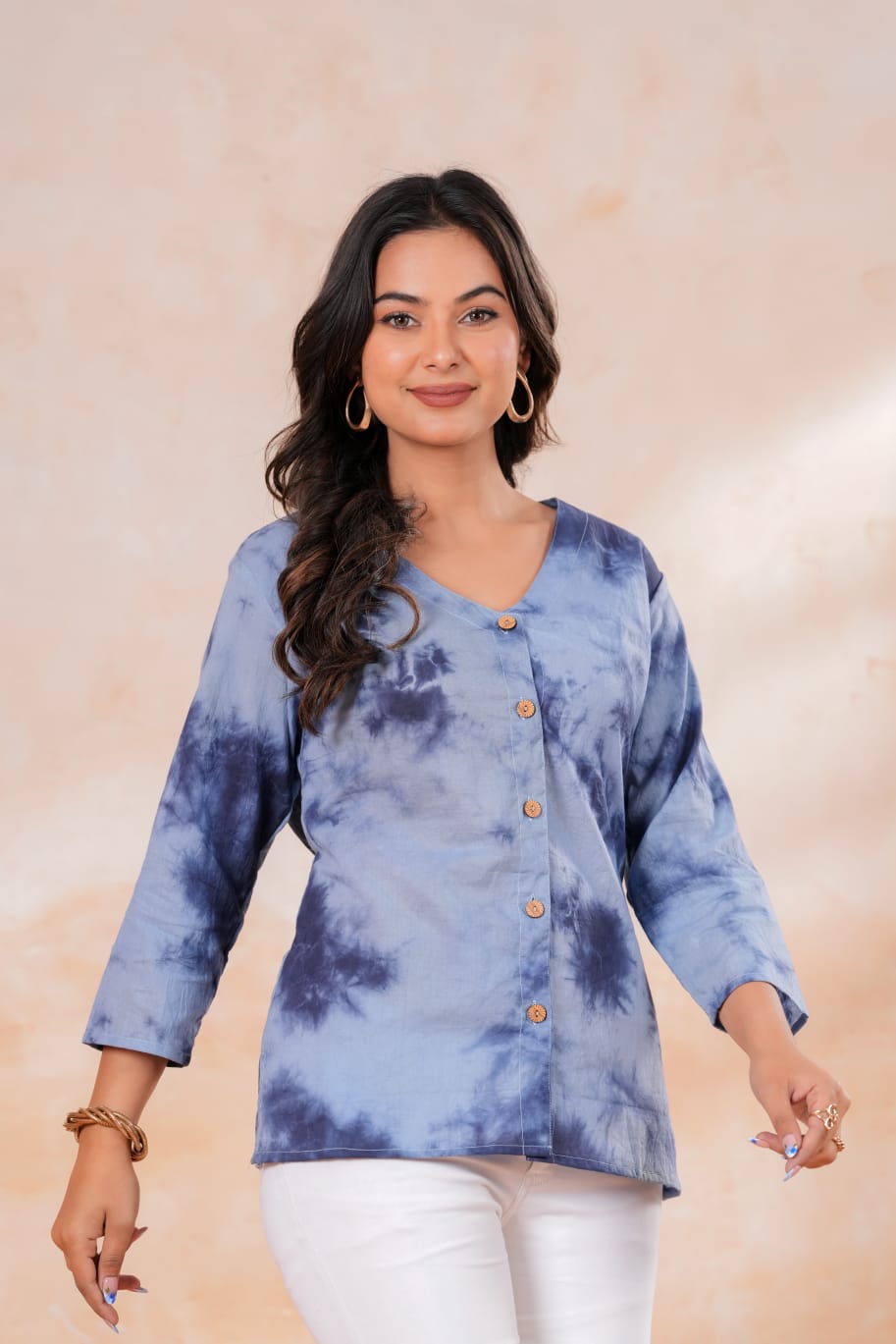 Women's Blue Tie-Dye V-Neck 3/4 Sleeve Casual Cotton Short Top Kurti