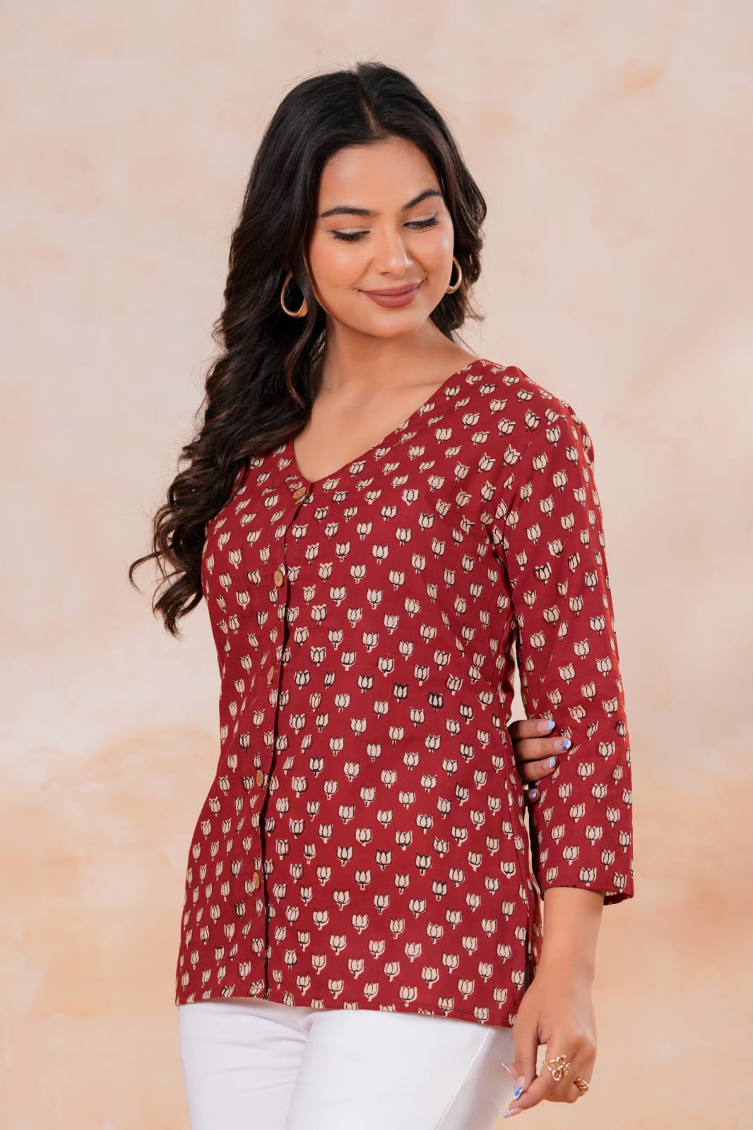 Women's Brick Red Sanganeri Block Print Short Kurti Top Boho Ethnic Casual Wear