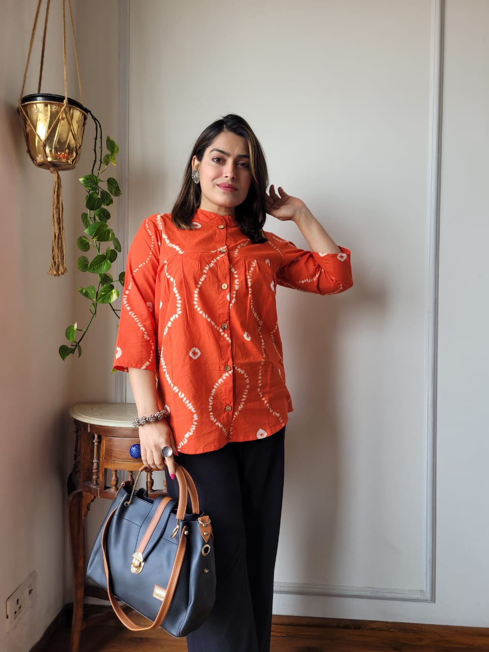 Women's Bright Orange Floral Block Print Top | 3/4 Sleeve Loose Fit Casual Ethnic Kurti Shirt