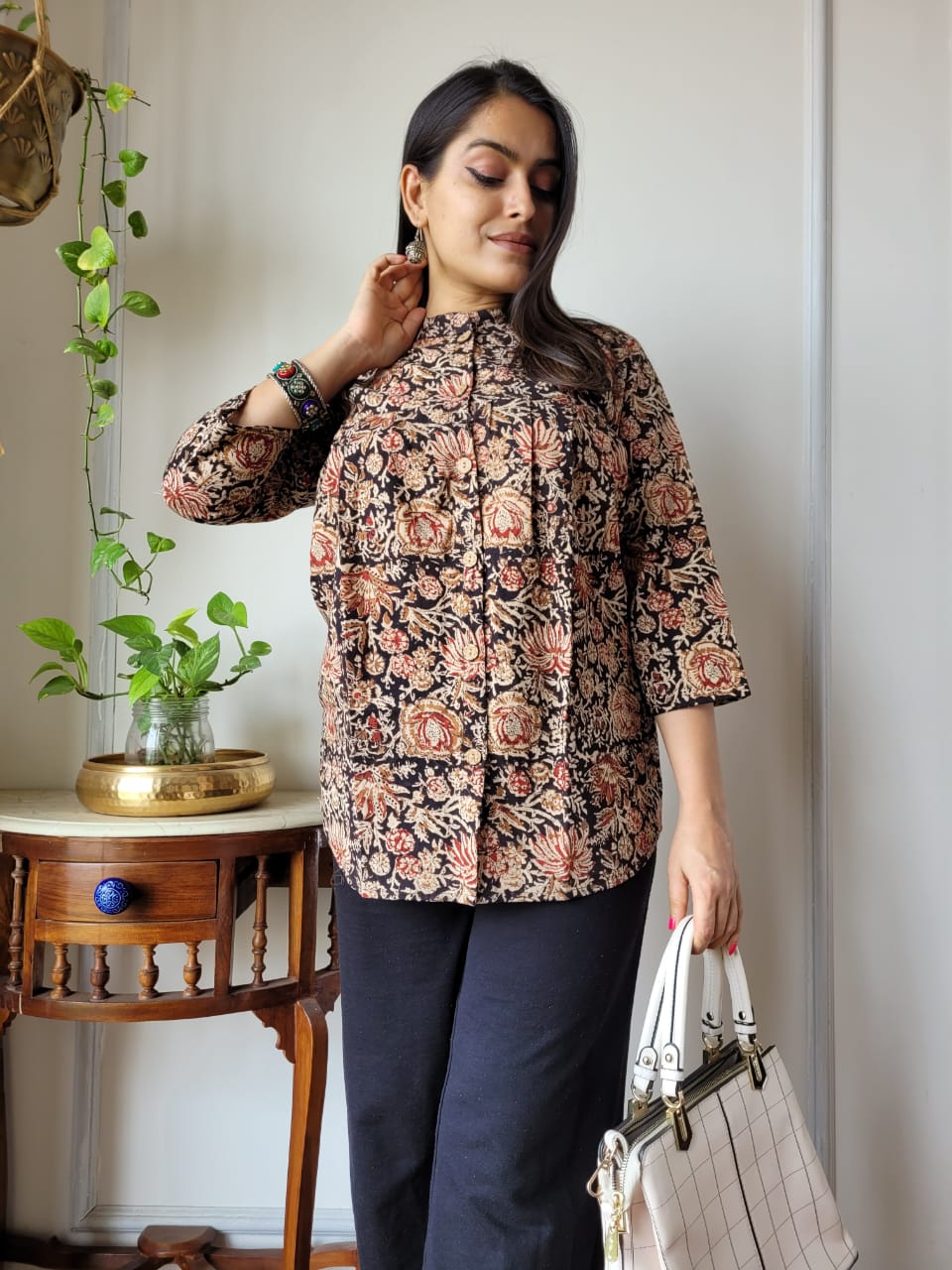 Women's Brown Batik Block Print Casual Top | Mandarin Collar Relaxed Fit Ethnic Kurti
