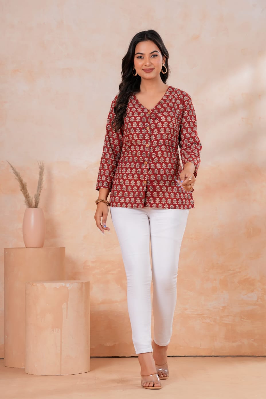 Women's Brown Floral Block Print V-Neck Flared Short Kurti Top