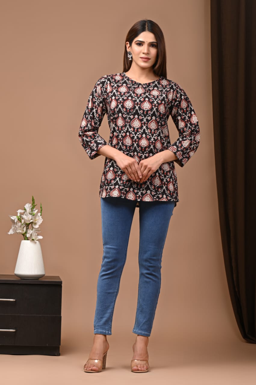 Women's Brown Paisley Jaal Print Short Top | Round Neck 3/4 Sleeve Casual Ethnic Kurti