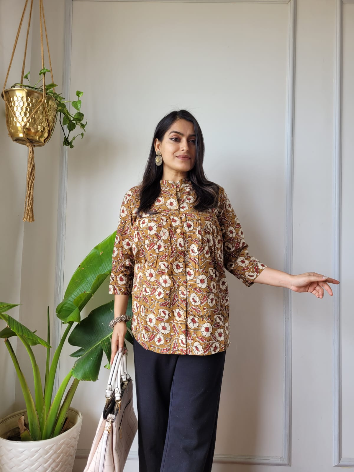Women's Caramel Brown Abstract Floral Print Top | Relaxed Fit Casual Ethnic Shirt