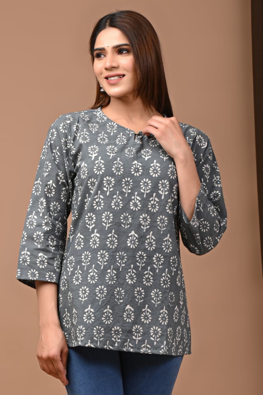 Women's Charcoal Grey Geometric Buti Print Short Top | Round Neck Casual Relaxed Fit Ethnic Kurti