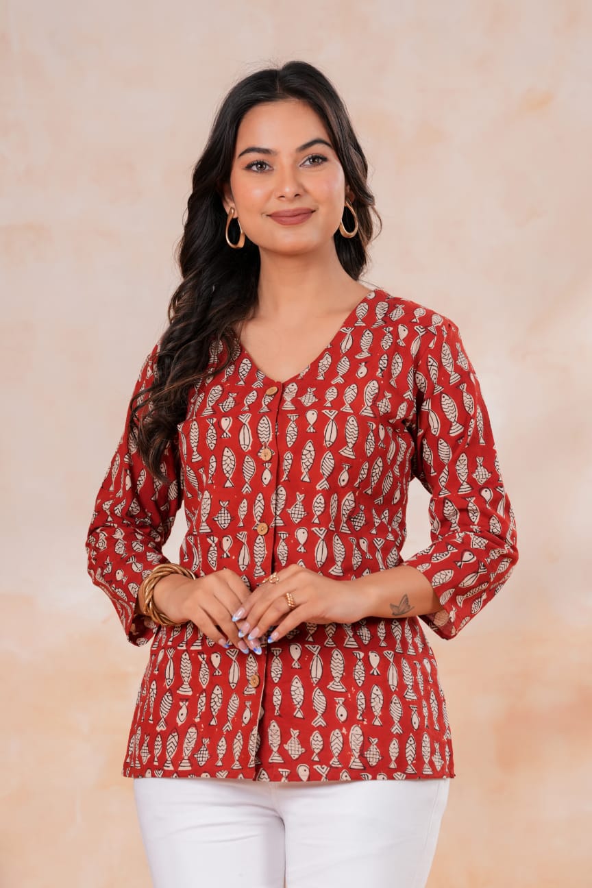 Women's Cherry Red Ikat Geometric Print Smocked Waist Flared Short Kurti Top Ethnic Fusion Wear
