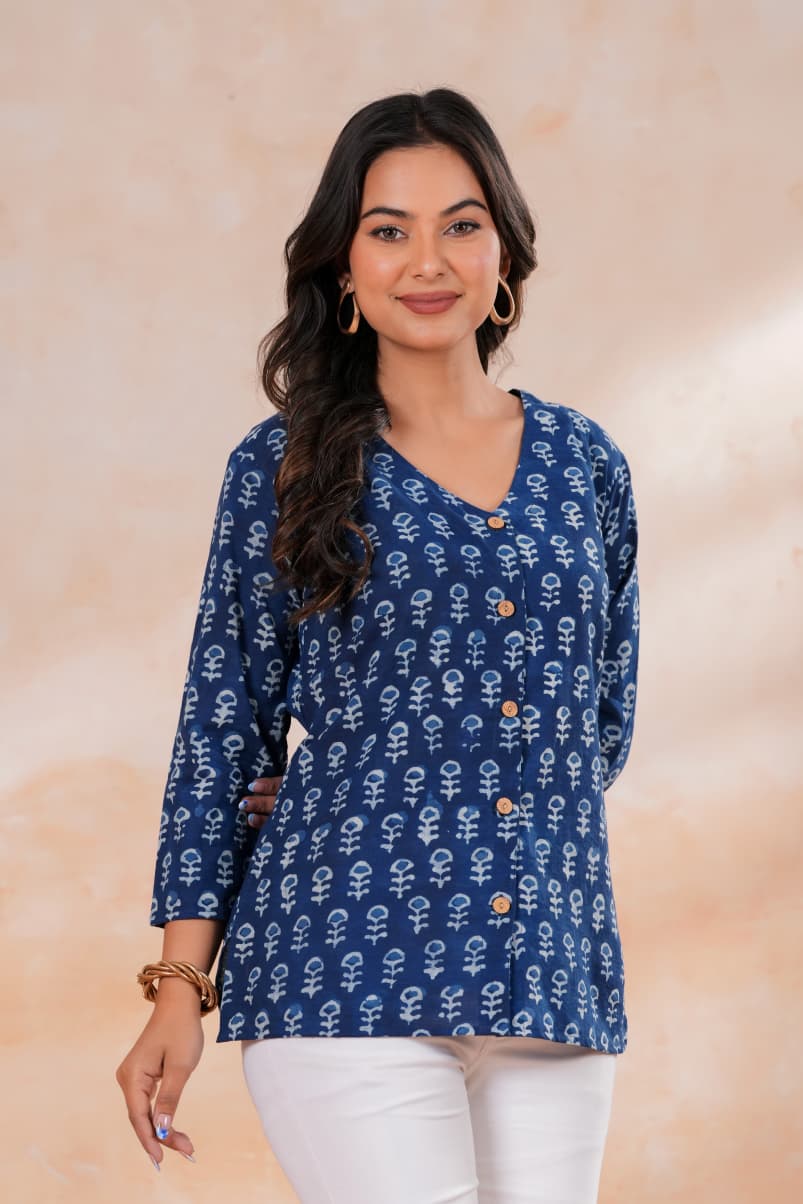 Women's Cobalt Blue Bagru Floral Print A-Line Short Top Traditional Rajasthani Print