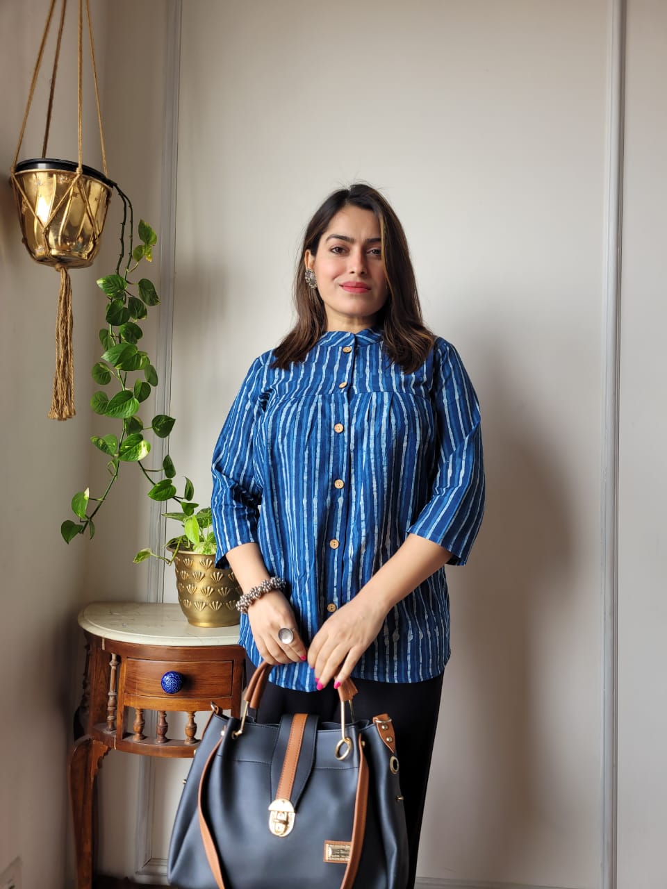 Women's Cobalt Blue Floral Print Gathered Casual Top | Loose Fit Ethnic Mandarin Collar Shirt
