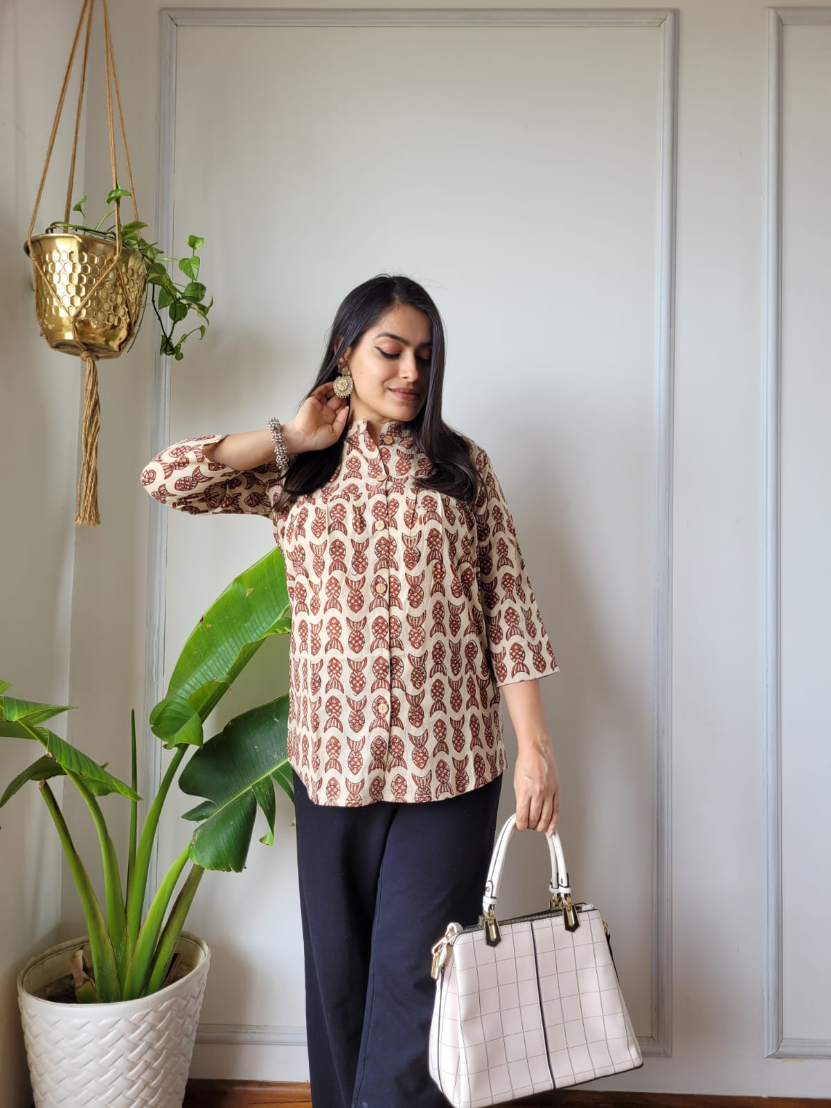 Women's Cream & Brown Paisley Jaal Print Top | 3/4 Sleeve Loose Fit Ethnic Kurti Shirt