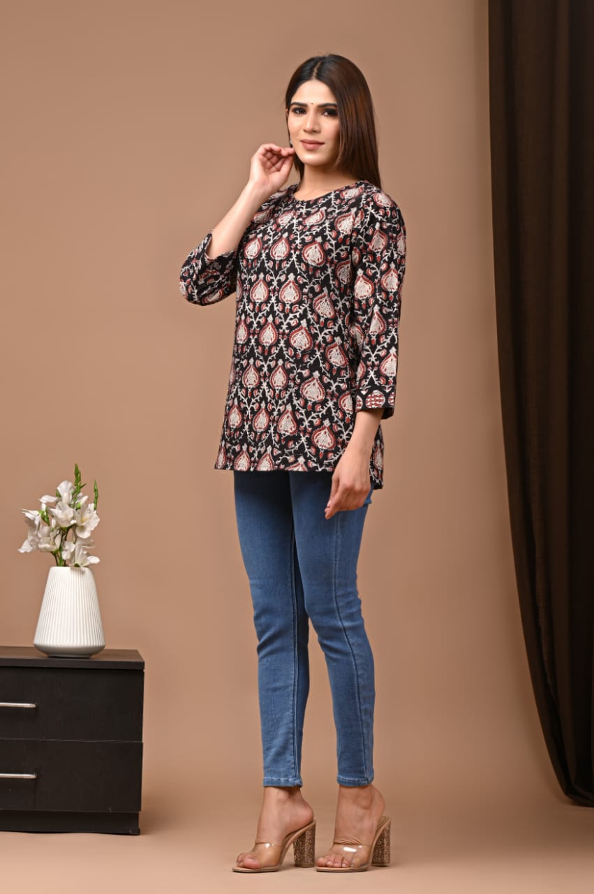 Women's Dark Brown Multicolor Floral Print Short Top | Round Neck Casual Relaxed Fit Ethnic Kurti