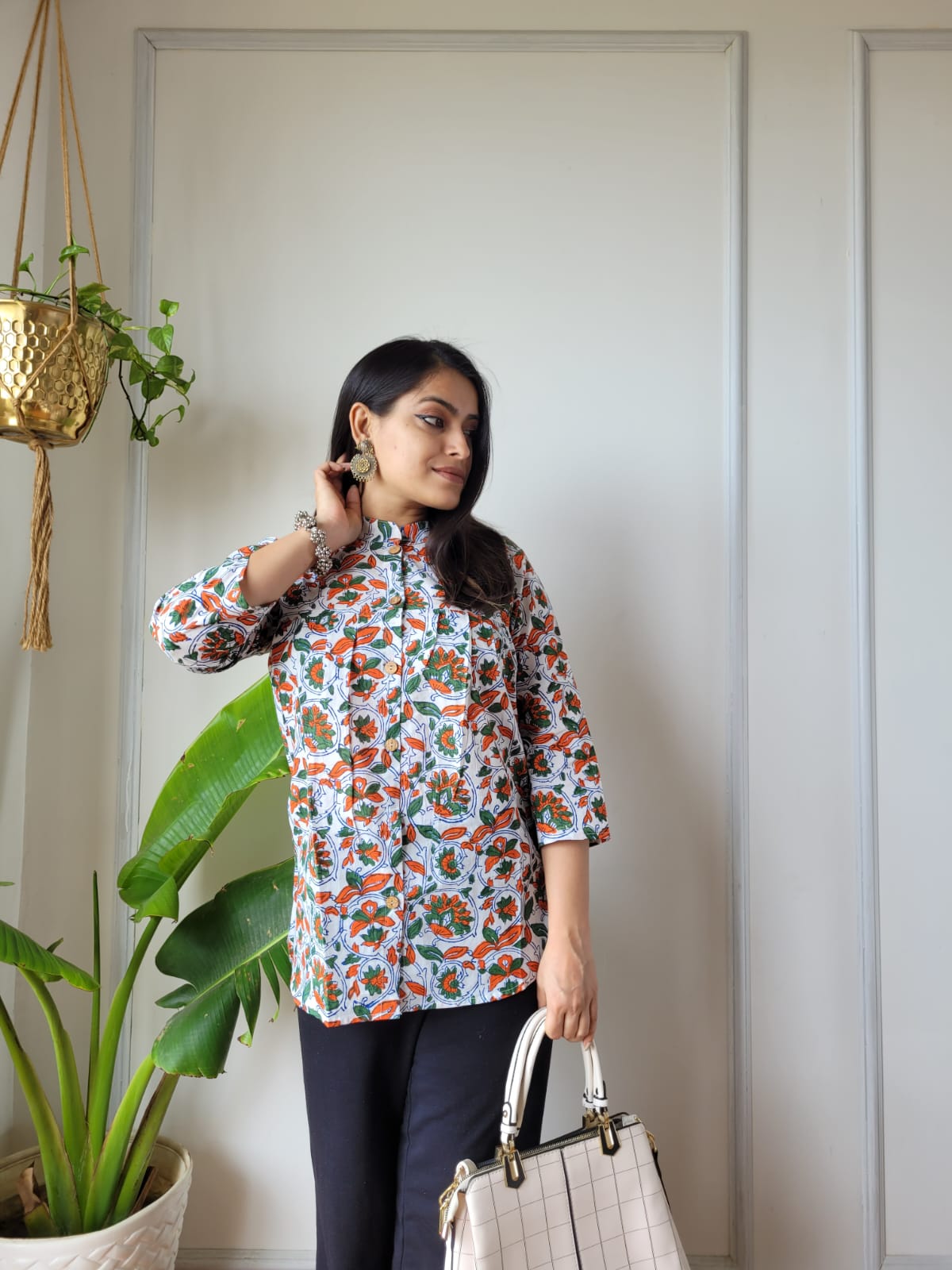 Women's Dark Green Tropical Leaf Print Top | 3/4 Sleeve Loose Fit Casual Ethnic Shirt