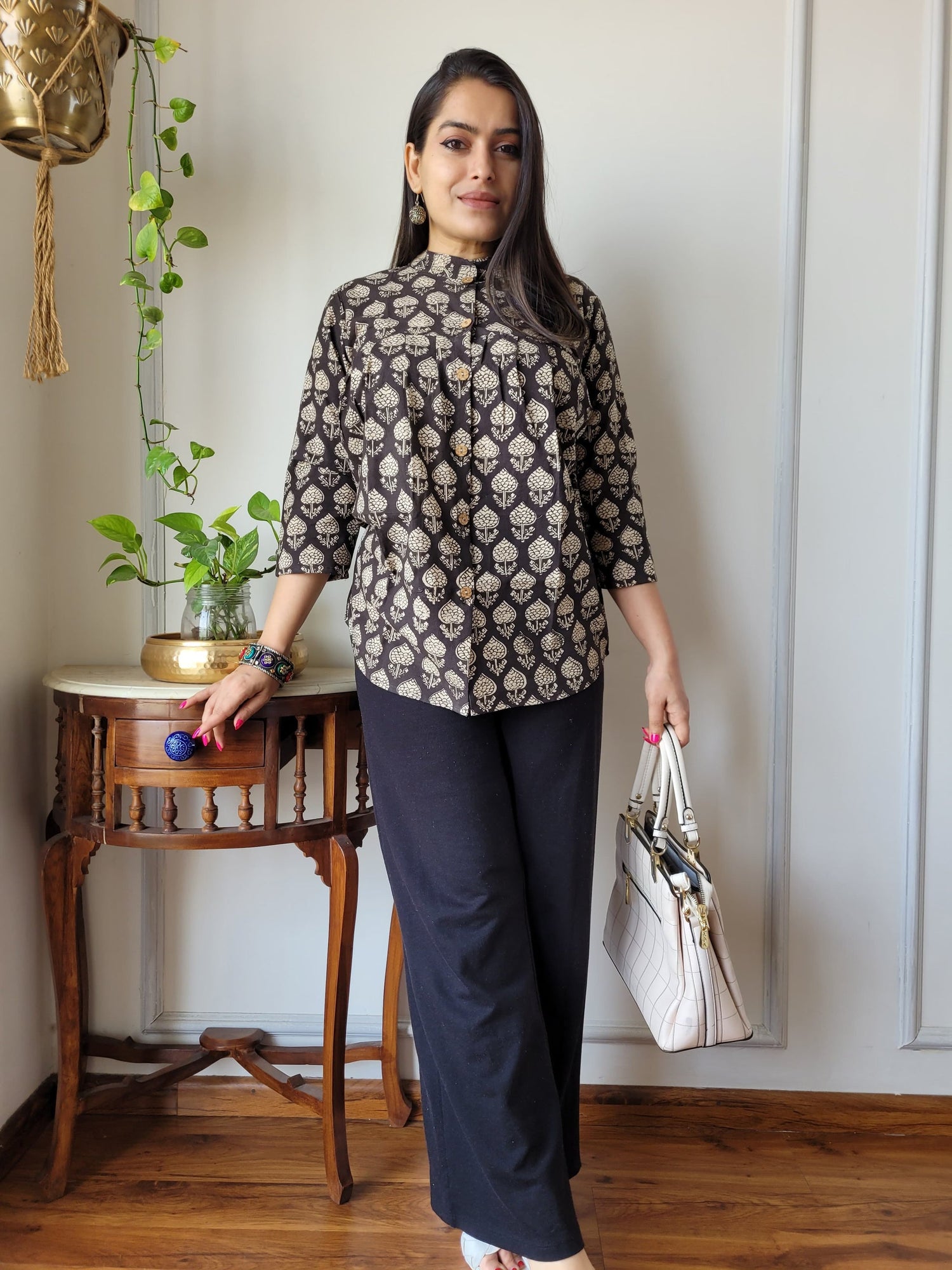 Women's Dark Grey Abstract Block Print Top | Full Sleeve Casual Ethnic Kurti