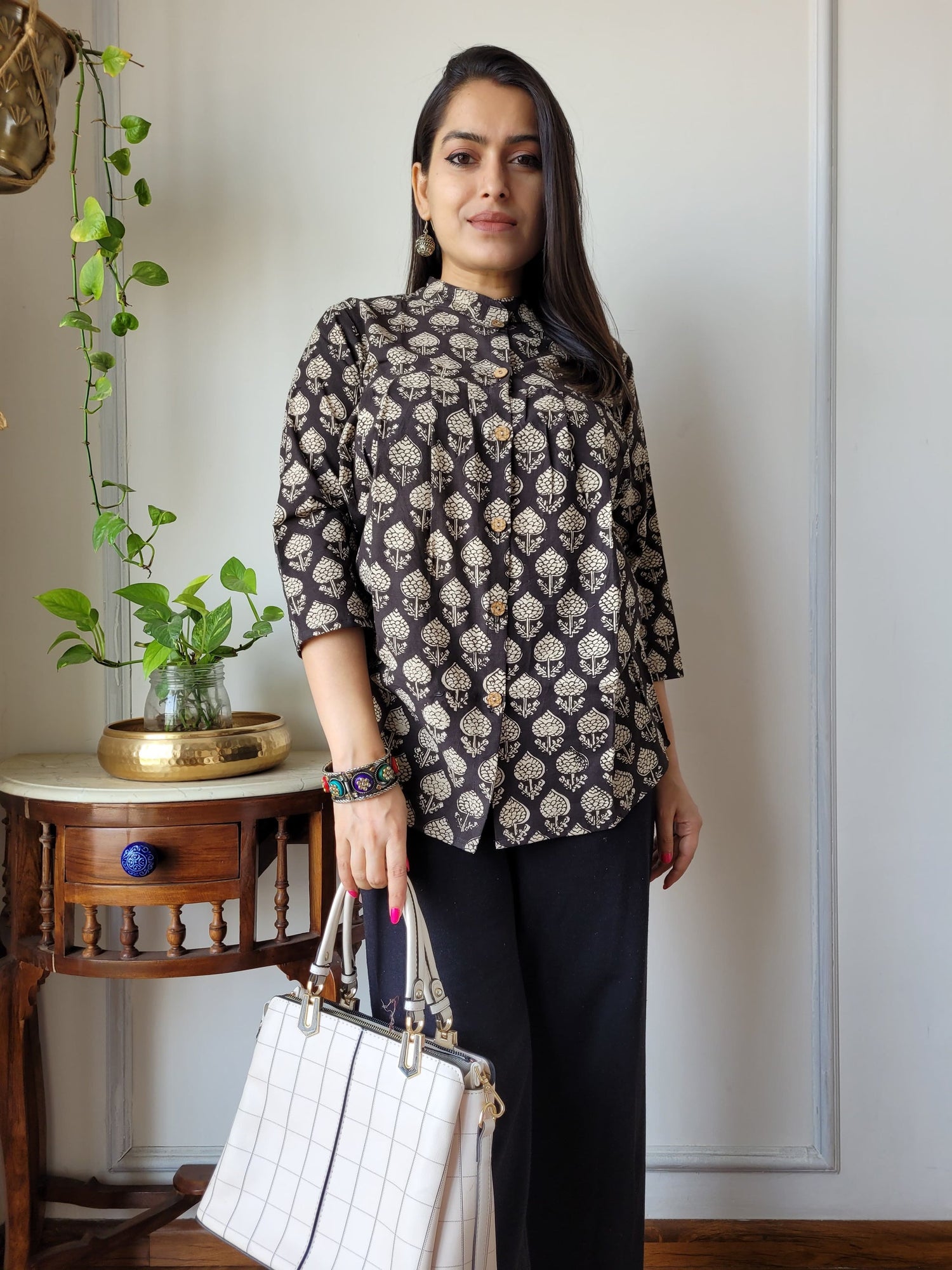 Women's Dark Grey Abstract Block Print Top | Full Sleeve Casual Ethnic Kurti