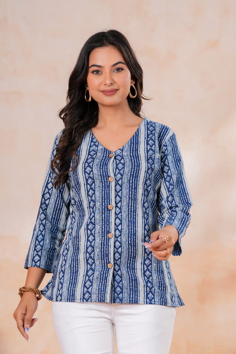 Women's Denim Blue Ikat Stripe Patchwork V-Neck Short Kurti Top Boho Indo-Western Ethnic Wear