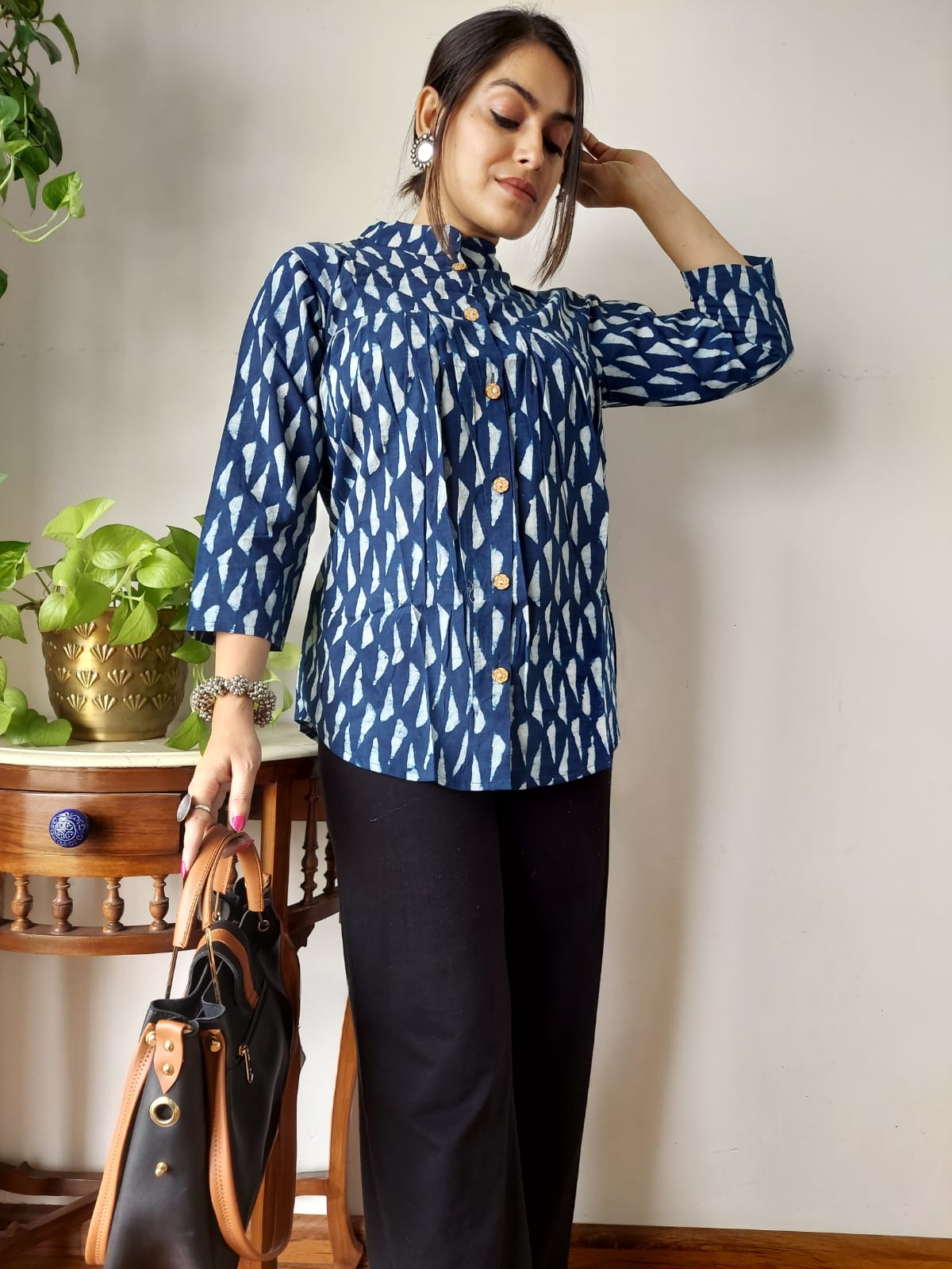 Women's Denim Blue Ikat Woven Print Top | Mandarin Collar Casual Ethnic Shirt