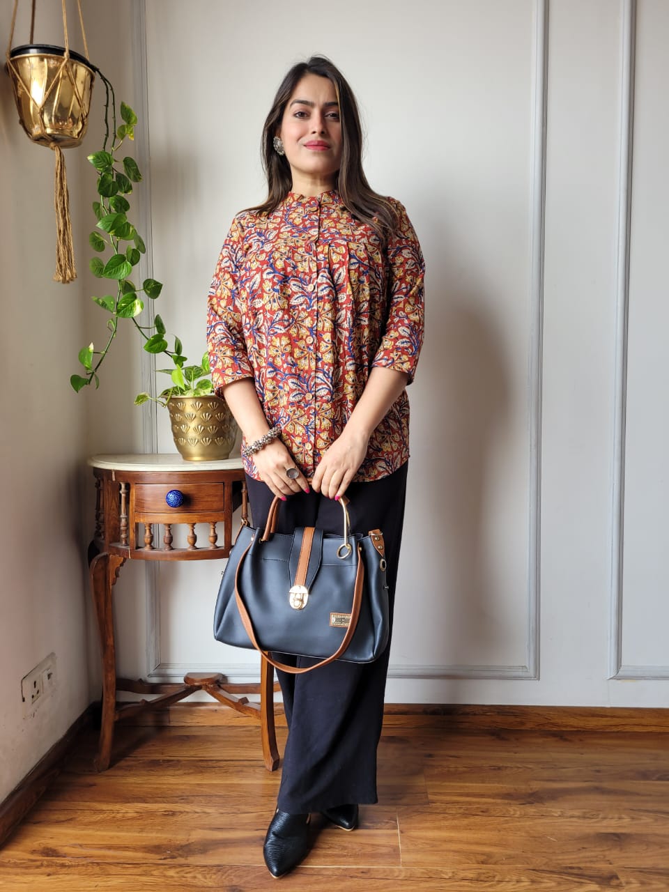 Women's Dusty Brown Ditsy Floral Print Casual Top | Relaxed Fit 3/4 Sleeve Ethnic Shirt