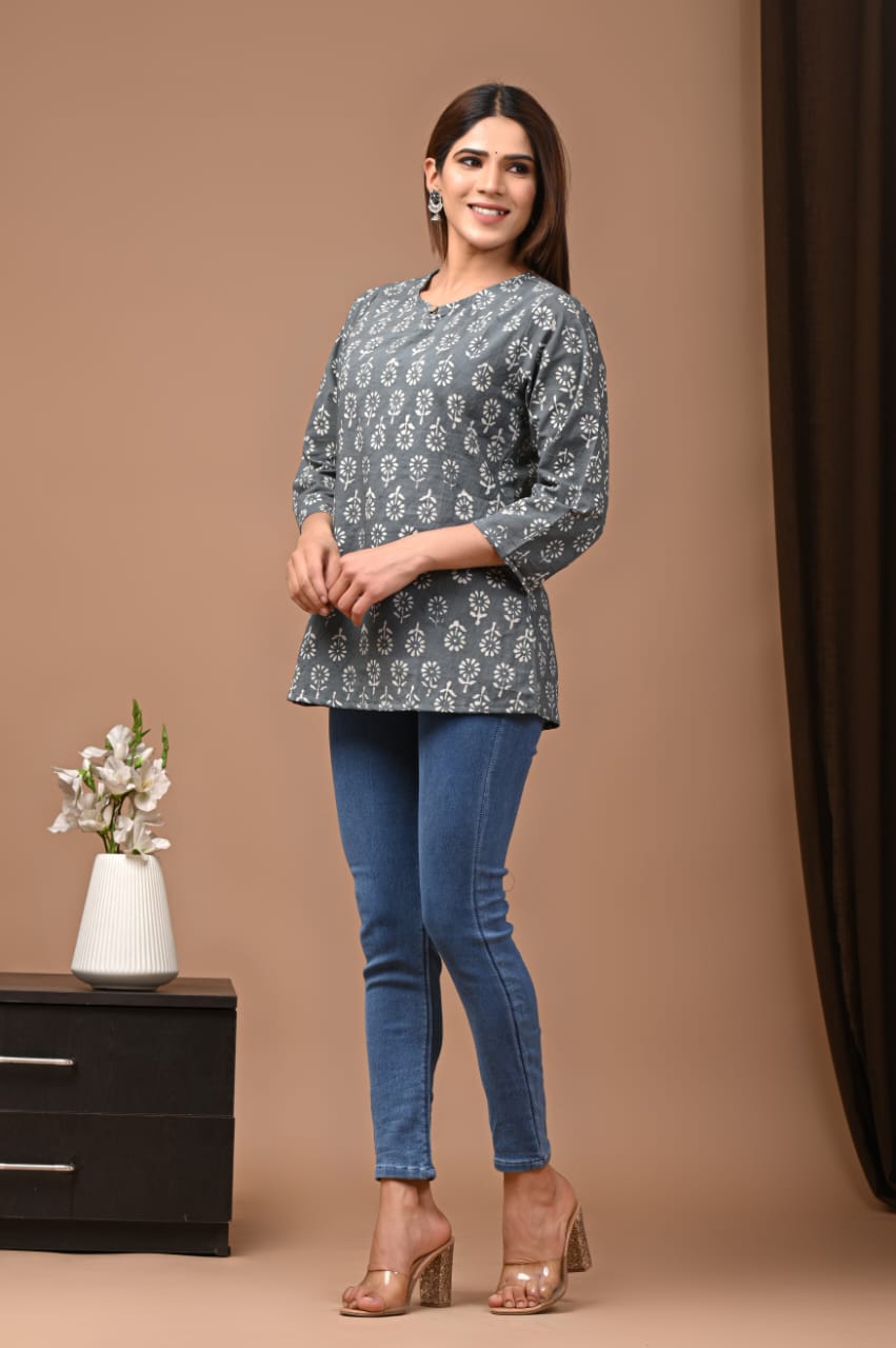Women's Grey Multicolor Floral Jaal Print Short Top | Round Neck Casual Everyday Ethnic Wear