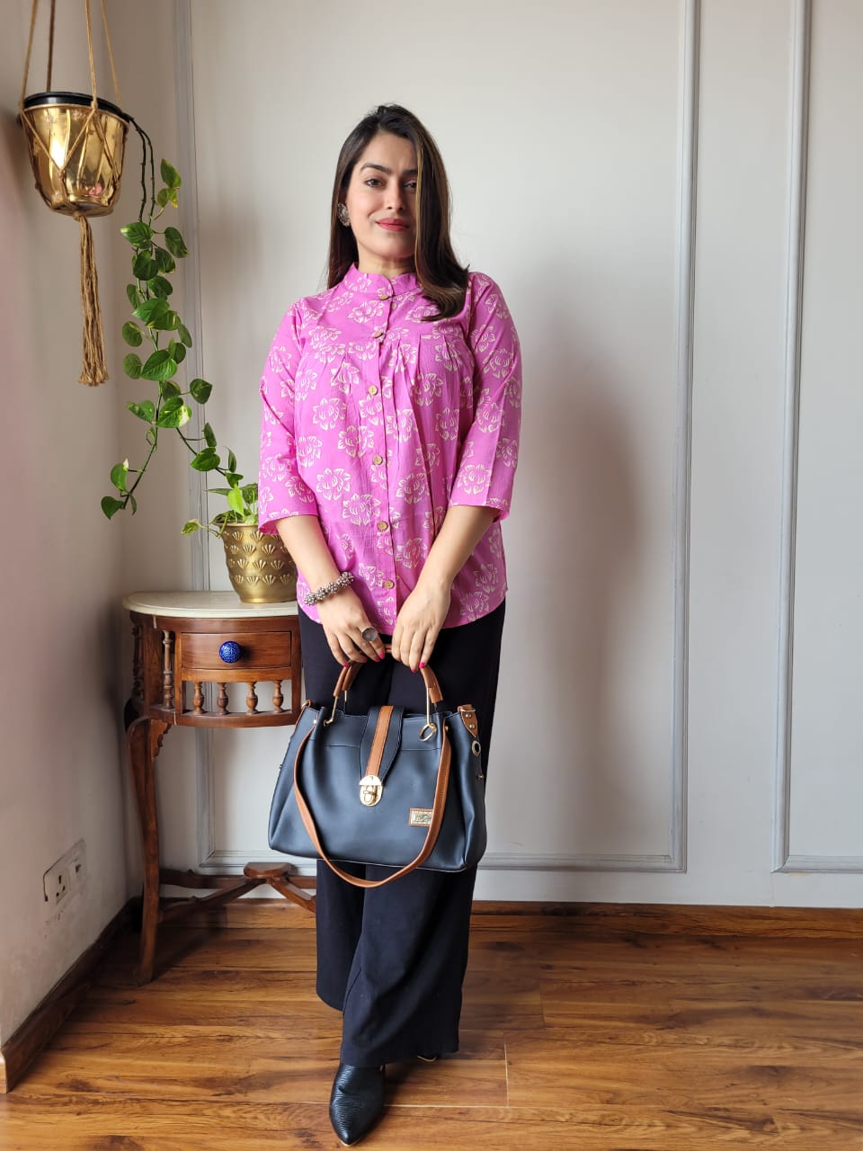 Women's Hot Pink Floral Printed Casual Top | Loose Fit Mandarin Collar Ethnic Kurti Shirt