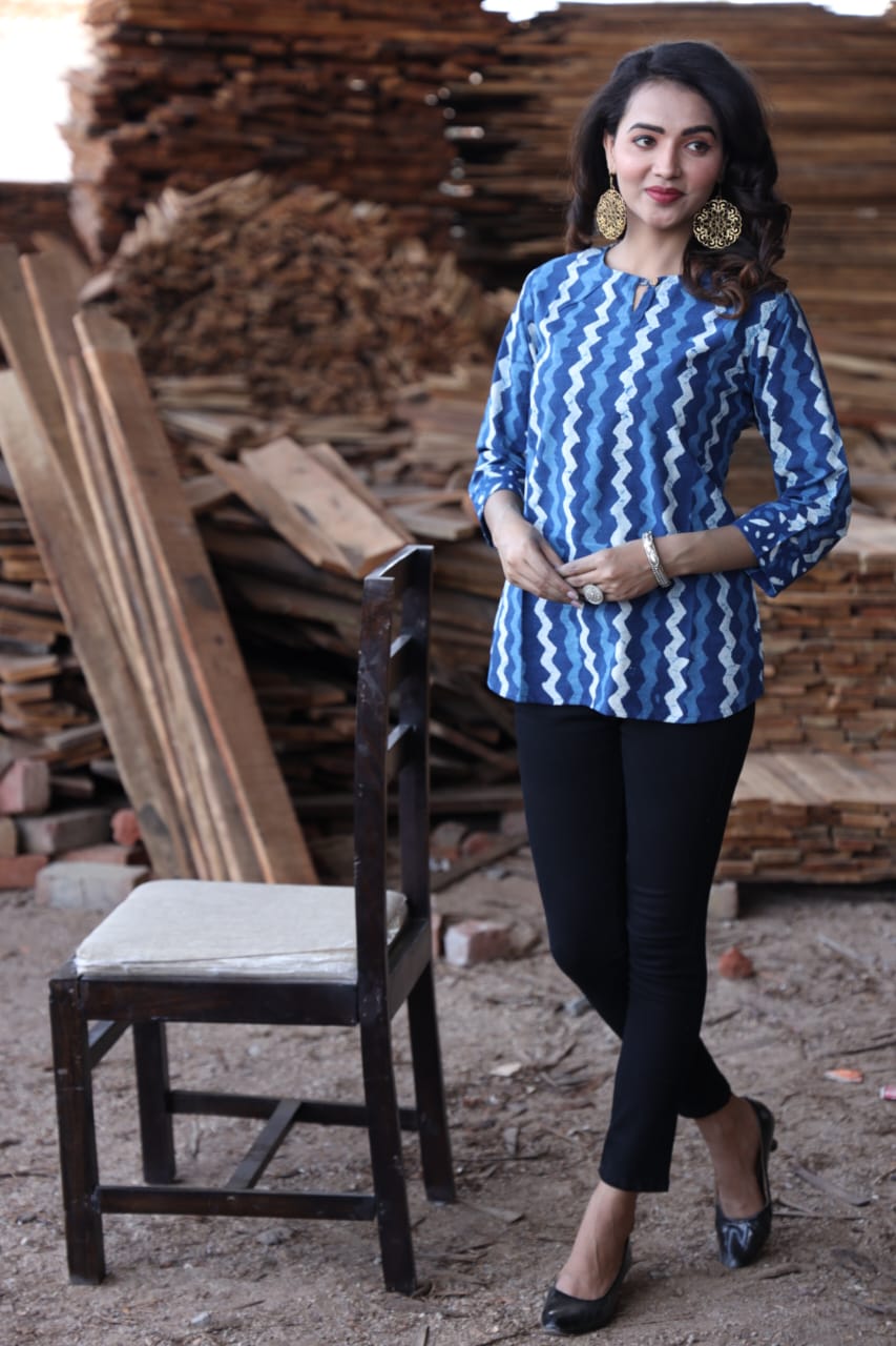 Women's Indigo Blue Shibori Tie-Dye Print Casual Top | 3/4 Sleeve Relaxed Fit Ethnic Shirt