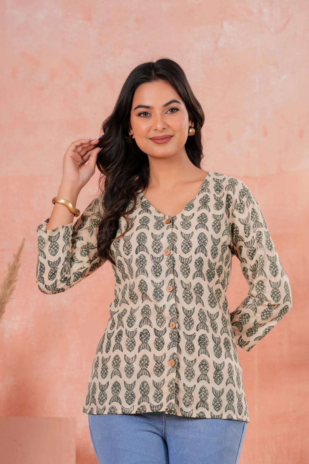 Women's Ivory Cream Paisley Motif Cotton Short Tunic Top Minimalist Ethnic Wear