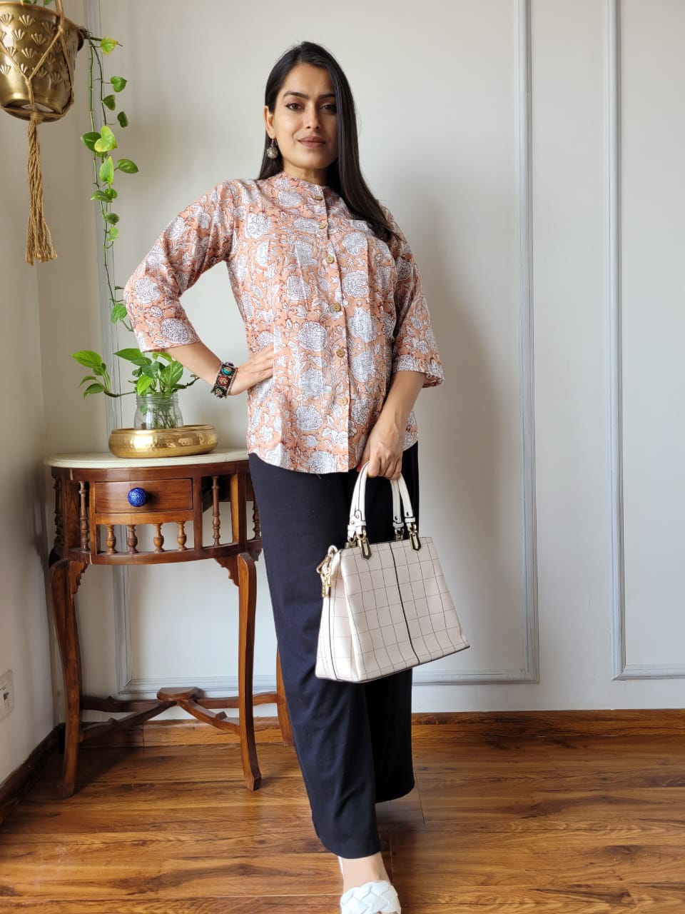 Women's Light Pink Tiny Floral Print Mandarin Collar Top | 3/4 Sleeve Relaxed Fit Ethnic Shirt