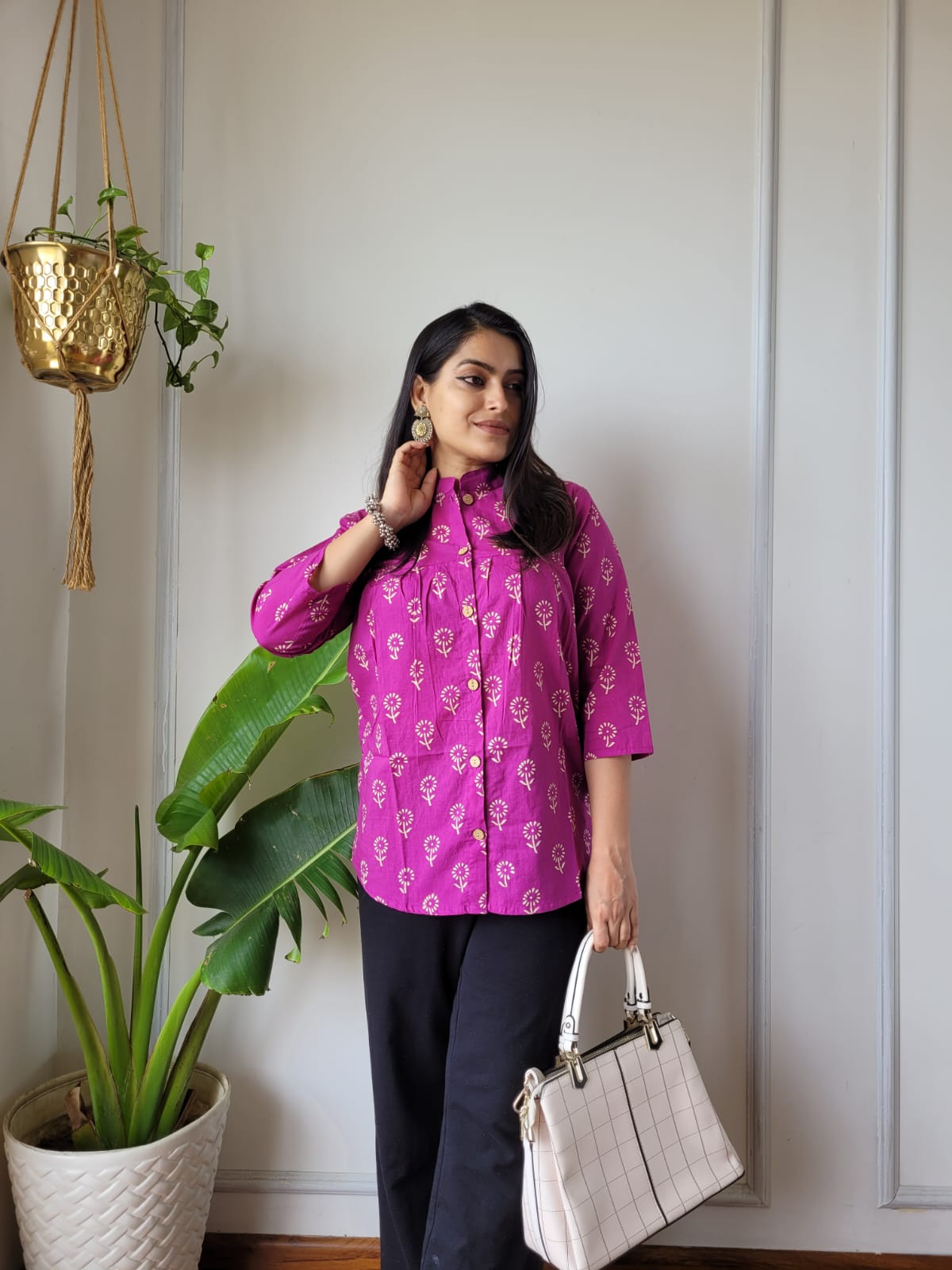 Women's Magenta Pink Printed Casual Top | Loose Fit Mandarin Collar Ethnic Kurti Shirt