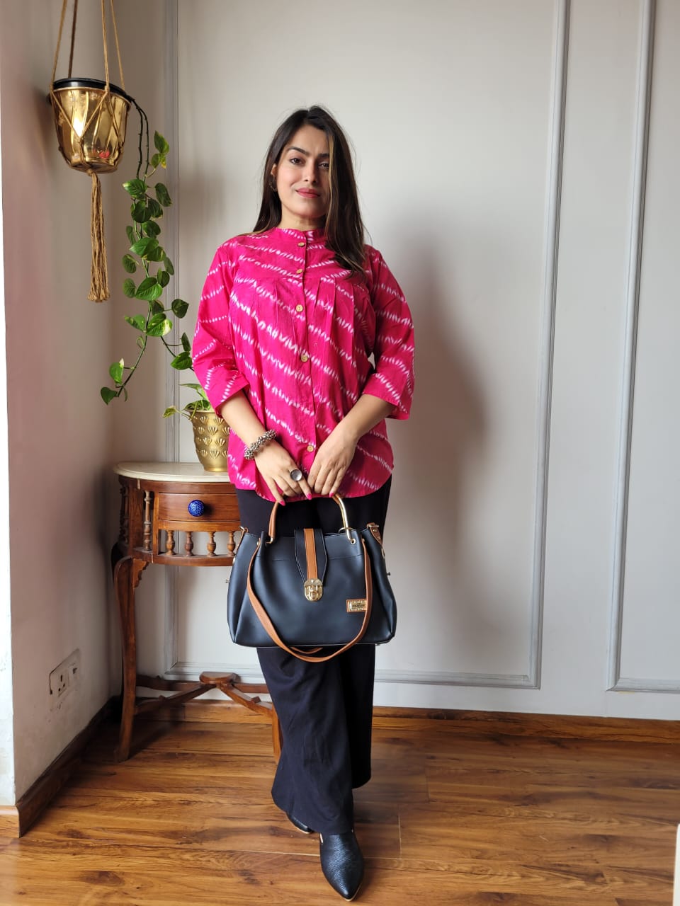 Women's Magenta Pink Tie-Dye Bandhani Print Top | Loose Fit Casual Ethnic Kurti Shirt