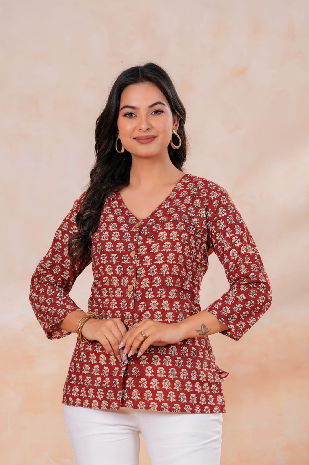 Women's Maroon Floral Block Print V-Neck Flared Short Kurti Top