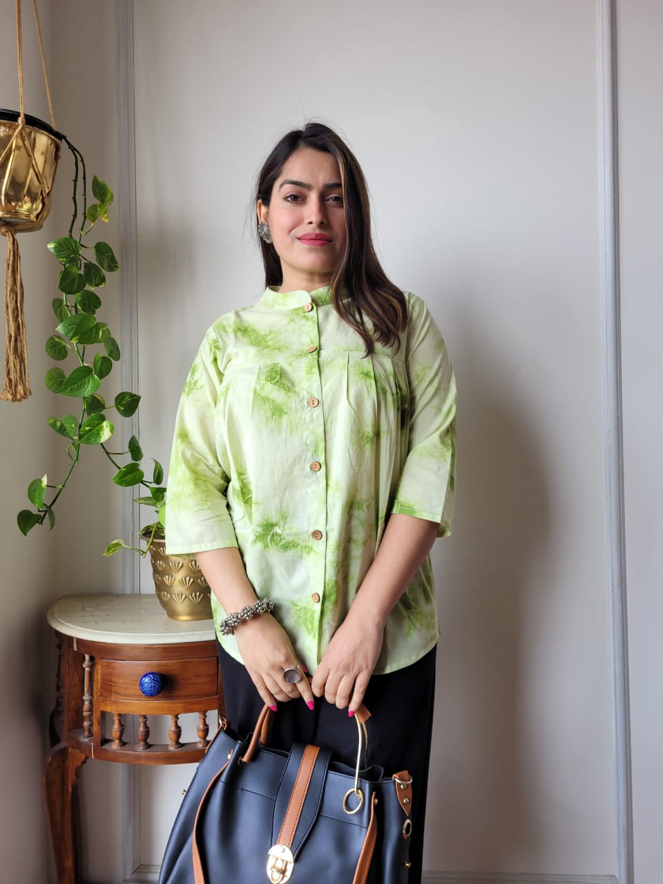 Women's Mint Green Floral Print Casual Top | Loose Fit 3/4 Sleeve Ethnic Mandarin Collar Shirt