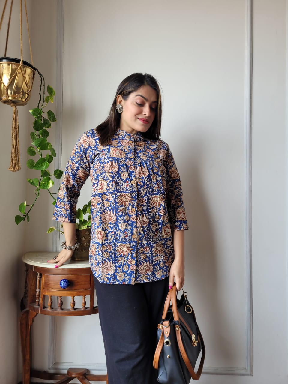 Women's Multicolor Boho Floral Print Top | Relaxed Fit Casual Ethnic Mandarin Collar Shirt
