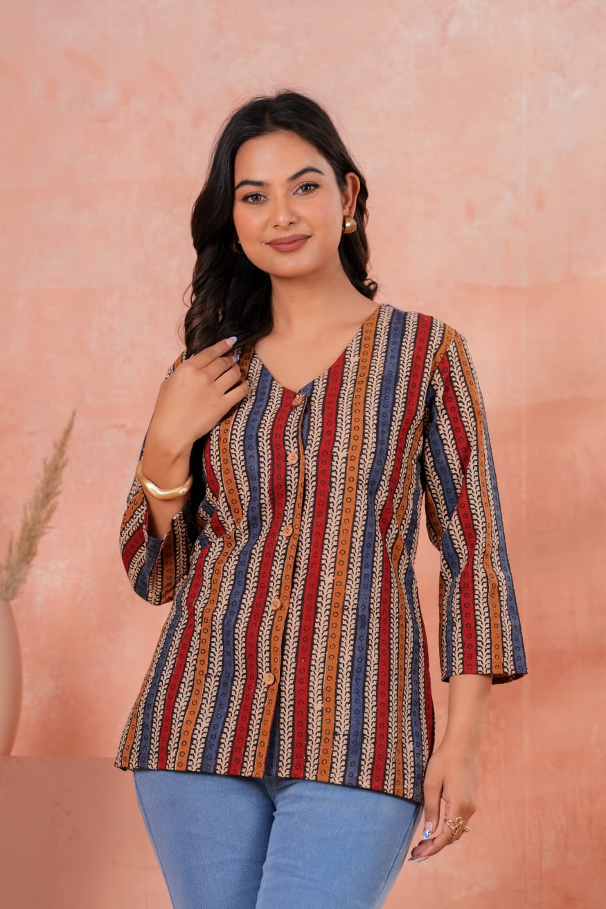 Women's Multicolor Stripe Kantha Print V-Neck 3/4 Sleeve Short Kurti