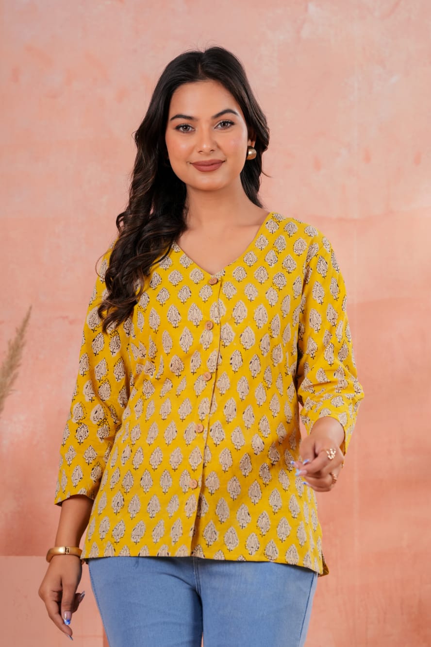 Women's Mustard Yellow Jaipur Print Flared Short Top Festive Ethnic Kurta Style