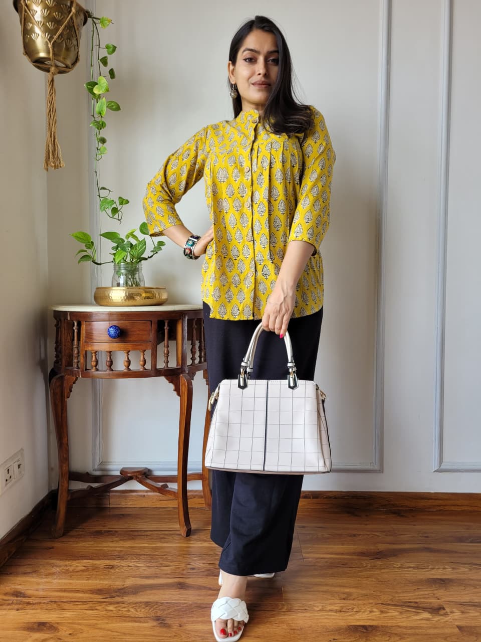 Women's Mustard Yellow Printed Casual Kurti Top | Relaxed Fit Full Sleeve Ethnic Wear