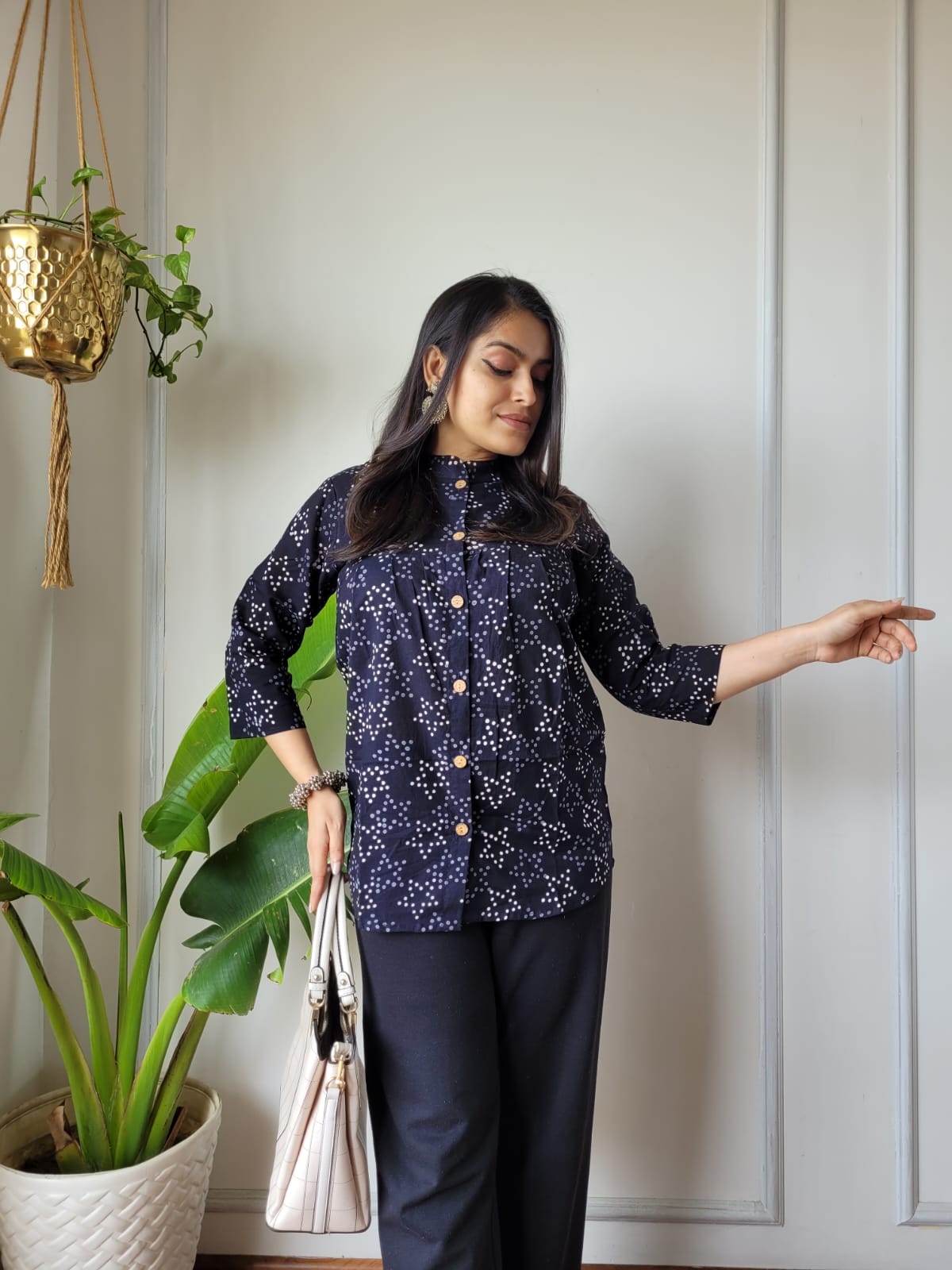 Women's Navy Blue All-Over Floral Print Top | Relaxed Fit 3/4 Sleeve Casual Ethnic Shirt