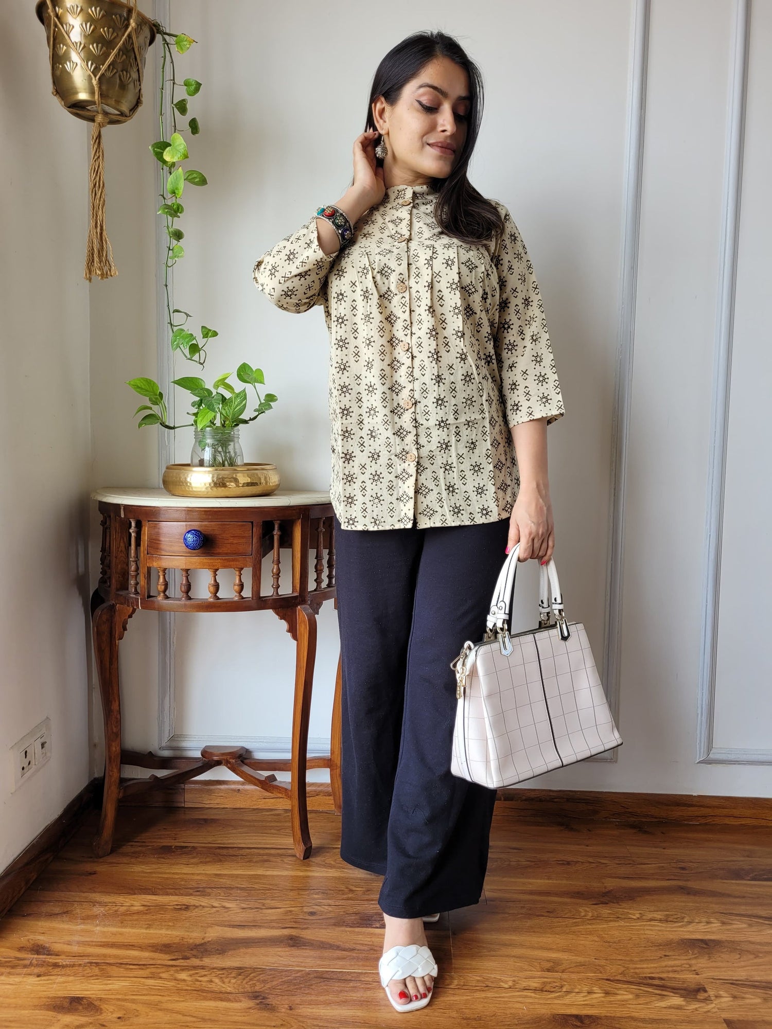 Women's Off White Geometric Block Print Casual Top | Loose Fit Mandarin Collar Ethnic Kurti Shirt