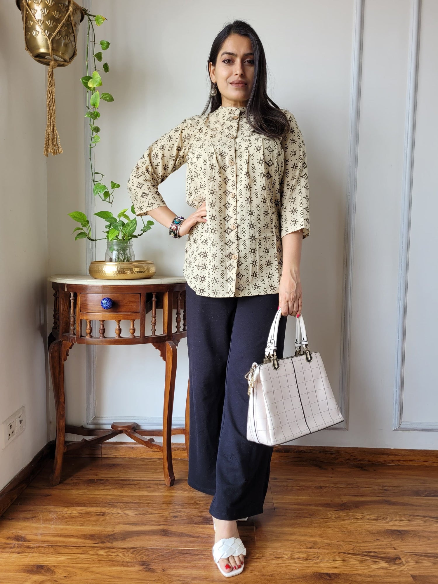 Women's Off White Geometric Block Print Casual Top | Loose Fit Mandarin Collar Ethnic Kurti Shirt