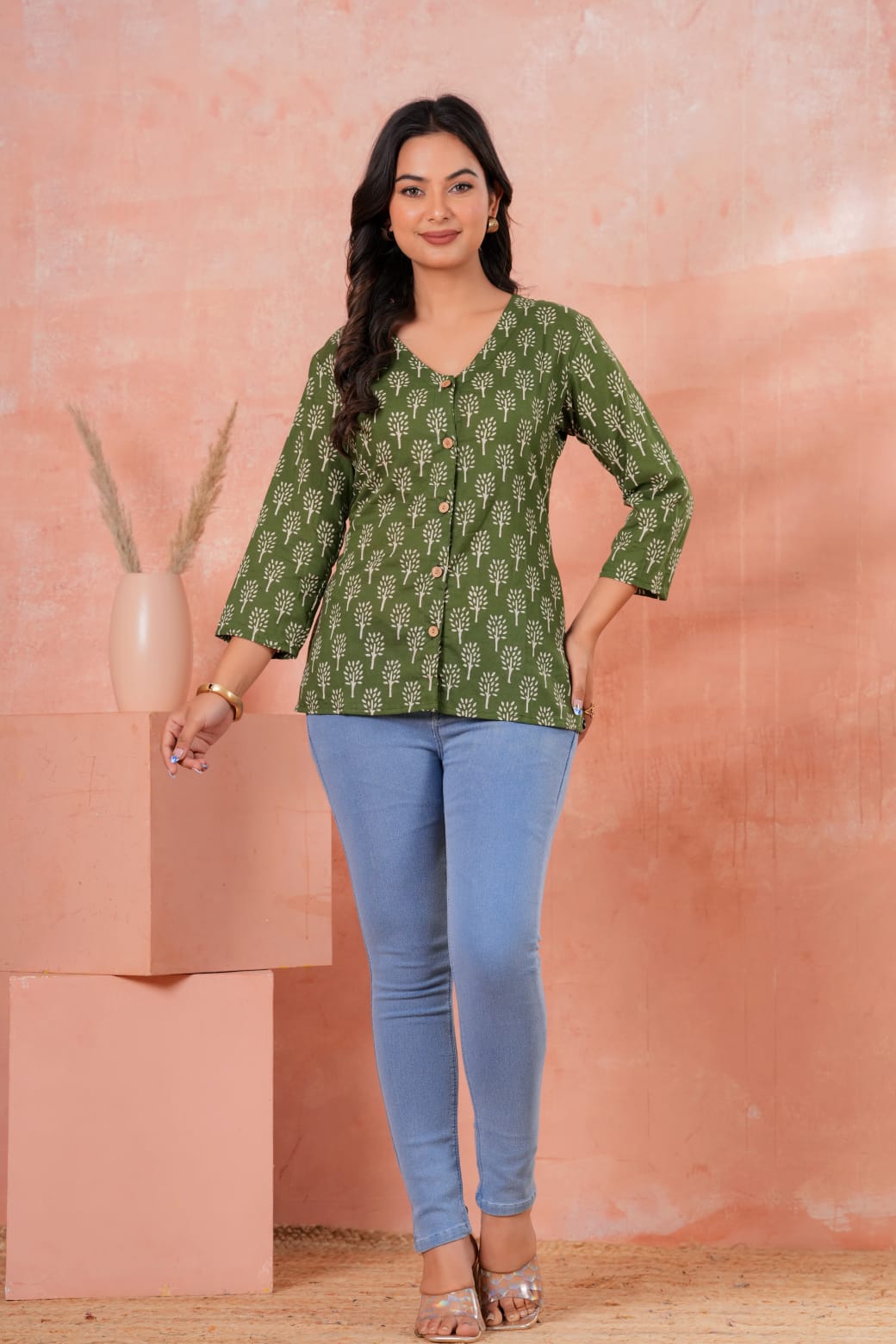 Women's Olive Green Floral Block Print V-Neck 3/4 Sleeve Short Kurti Top