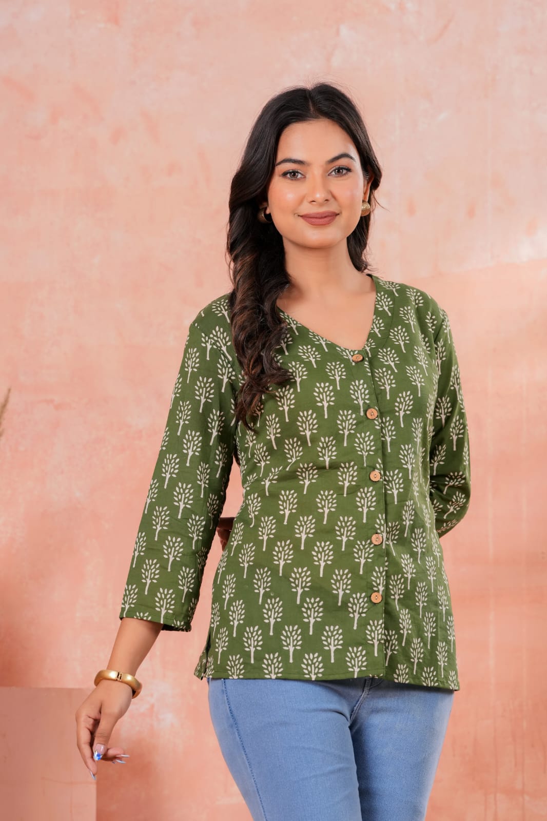 Women's Olive Green Floral Block Print V-Neck 3/4 Sleeve Short Kurti Top