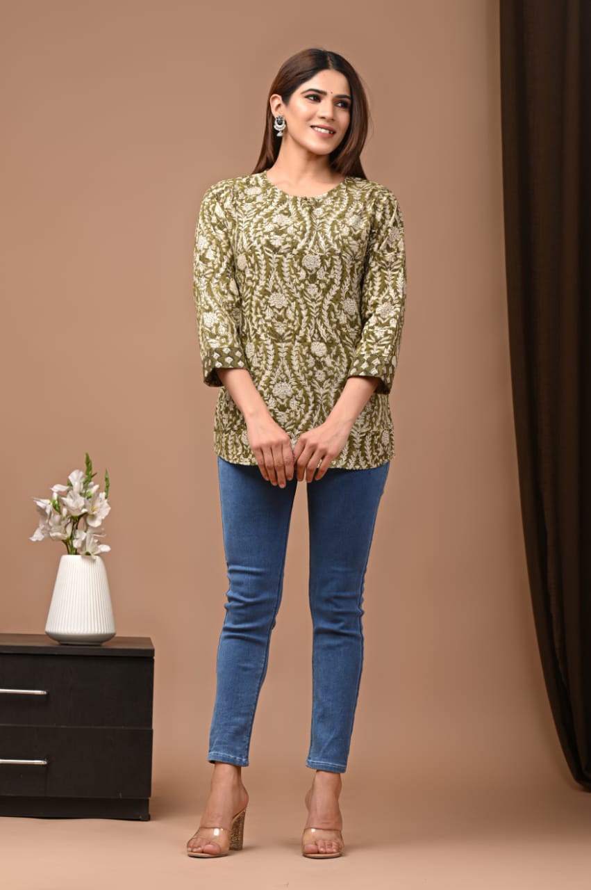 Women's Olive Green Floral Jaal Print Short Top | Round Neck 3/4 Sleeve Casual Ethnic Kurti