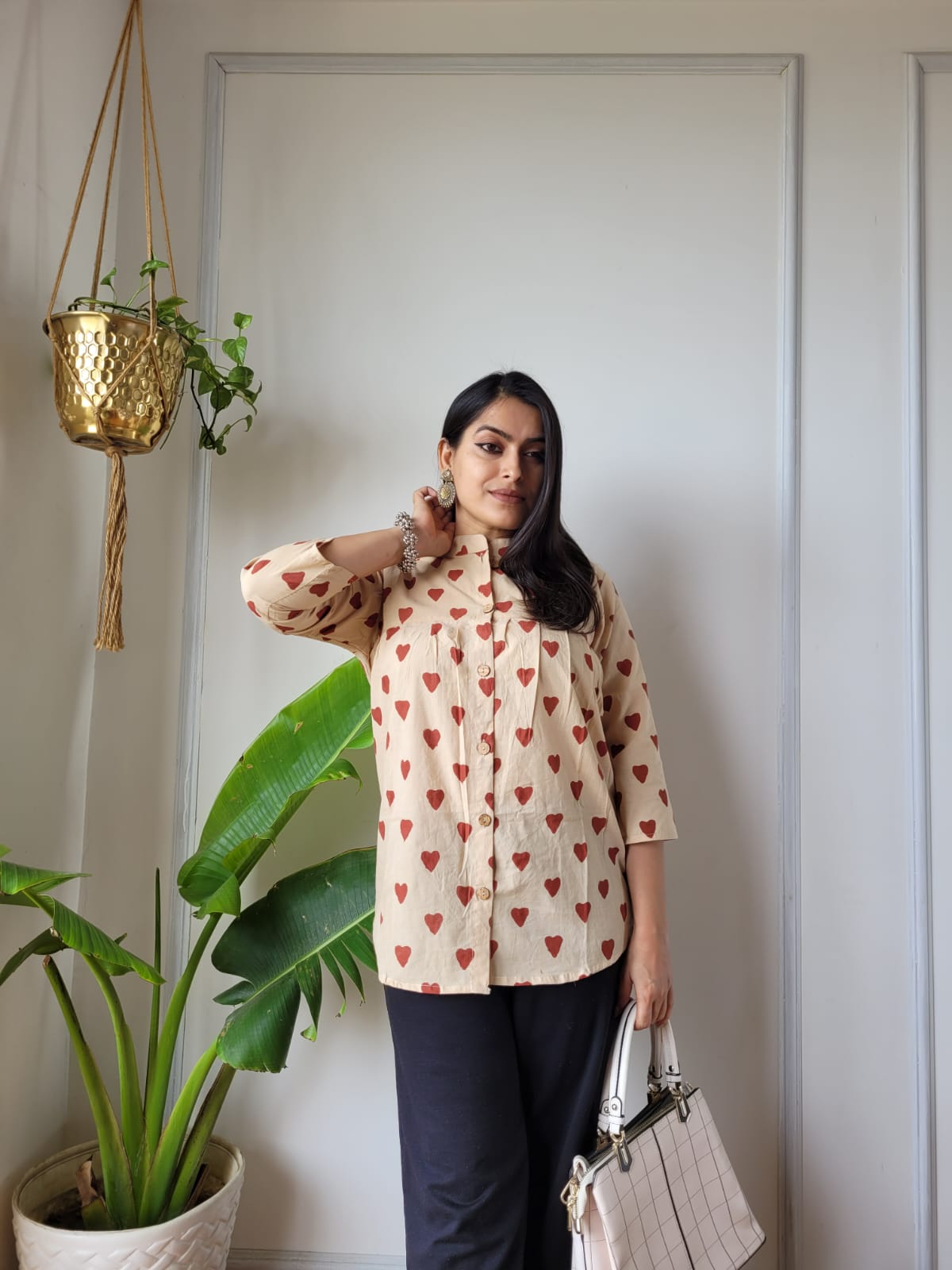Women's Olive Green Small Floral Print Casual Top | Relaxed Fit Ethnic Kurti Shirt