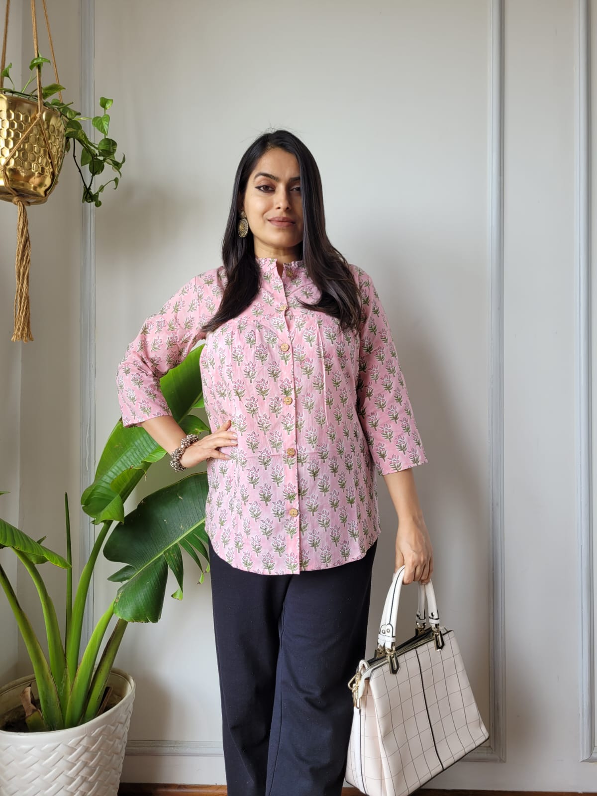 Women's Pastel Pink Small Floral Print Top | Loose Fit Casual Ethnic Mandarin Collar Shirt