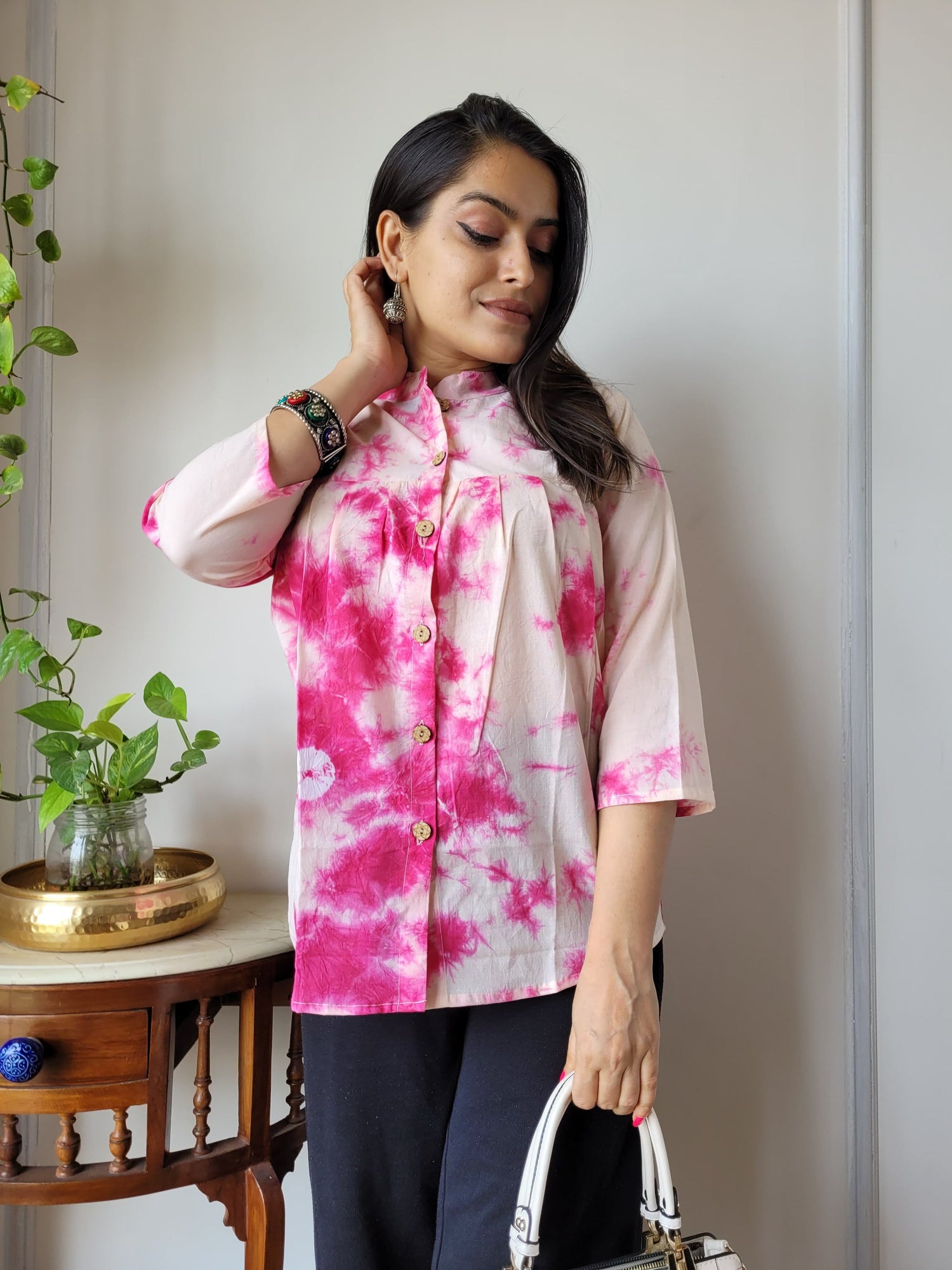 Women's Pink Abstract Floral Print Top | Casual Loose Fit Ethnic Wear