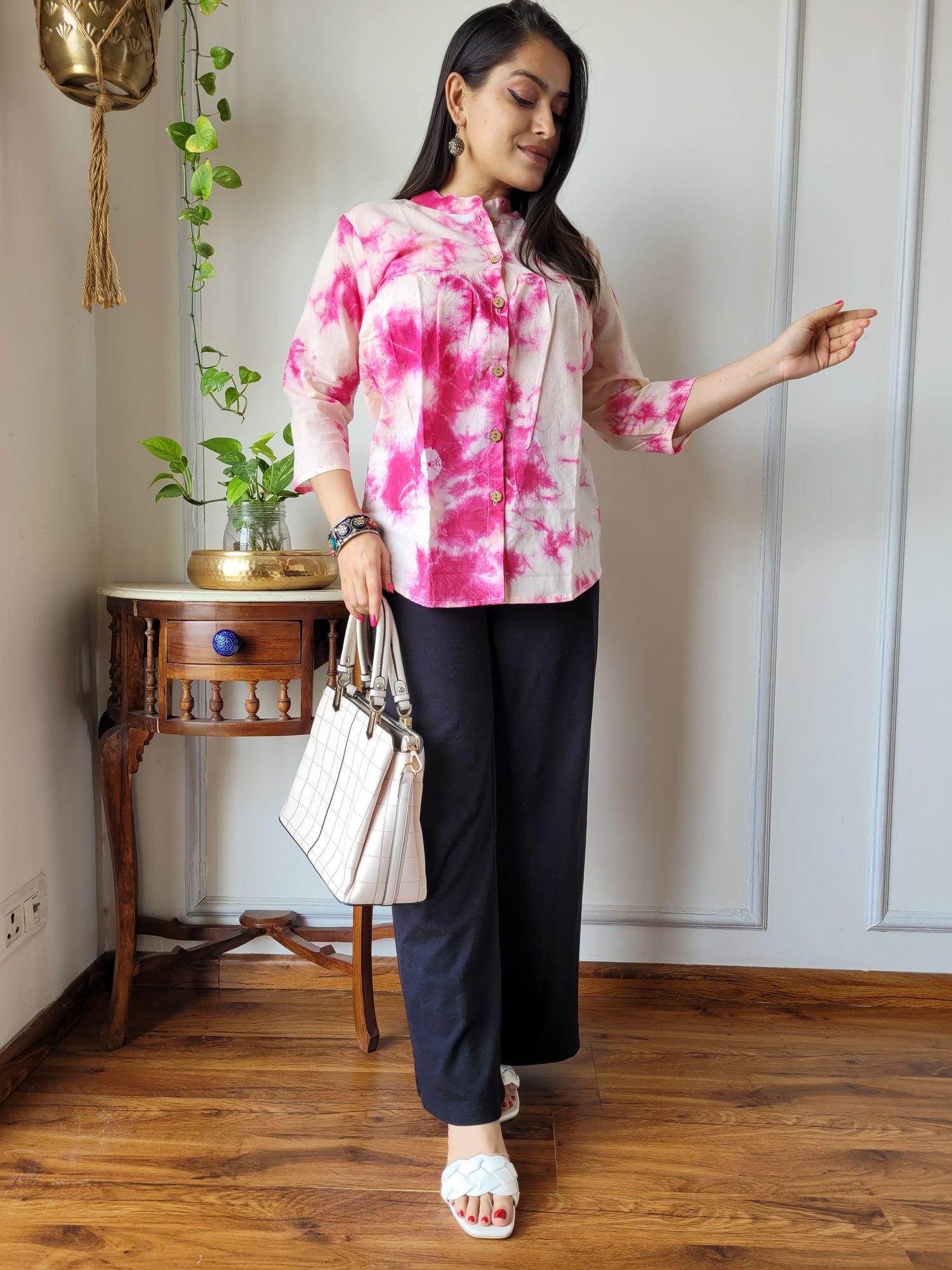 Women's Pink Abstract Floral Print Top | Casual Loose Fit Ethnic Wear