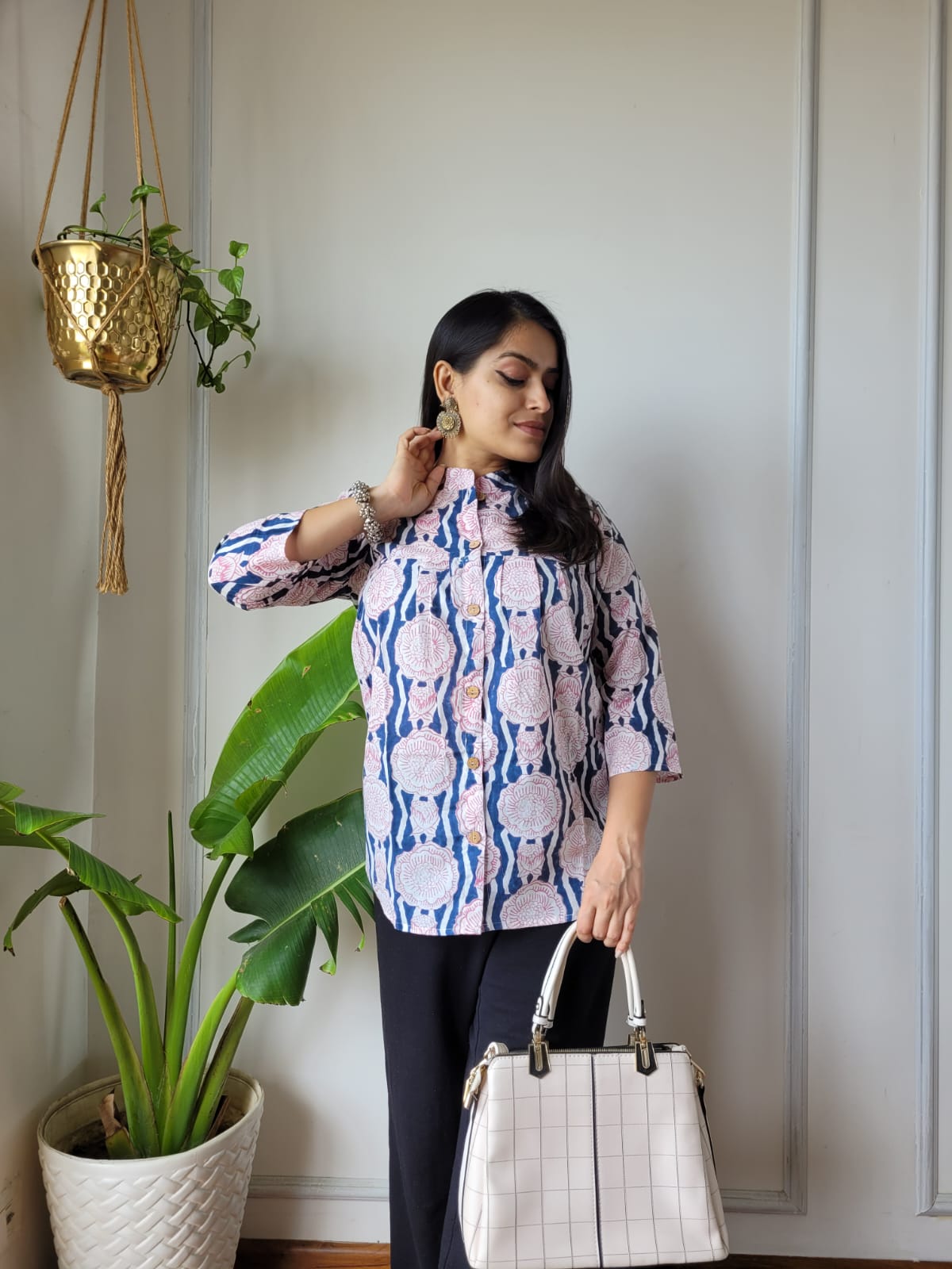 Women's Powder Blue Ditsy Floral Print Top | Loose Fit Casual Mandarin Collar Ethnic Shirt