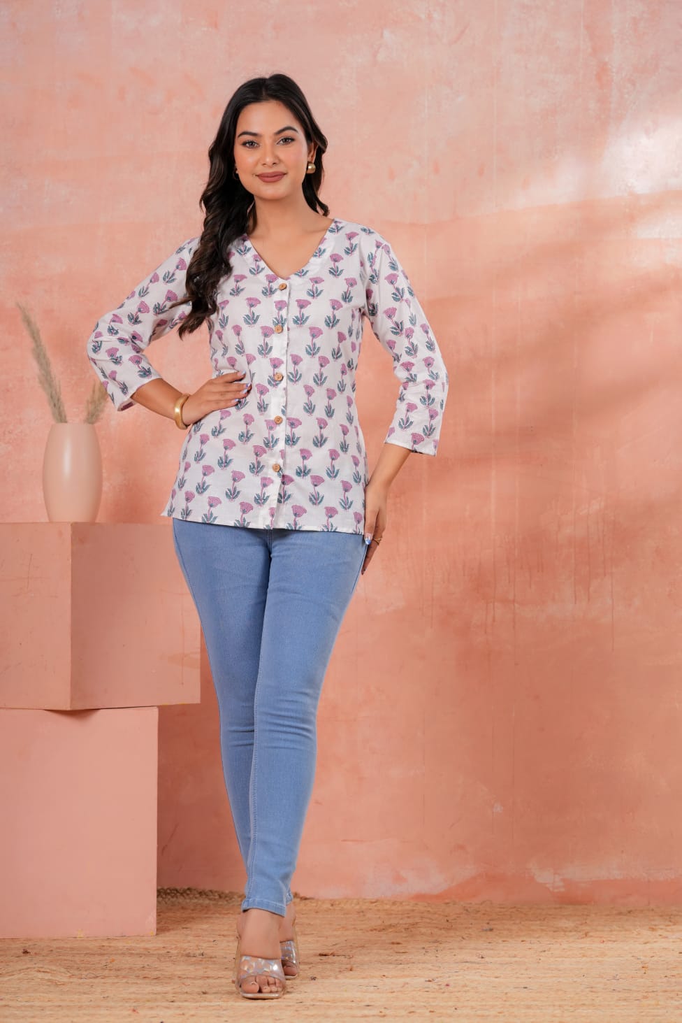 Women's Pure White Floral Jaipur Block Print Breezy Summer Short Top Lightweight Kurti